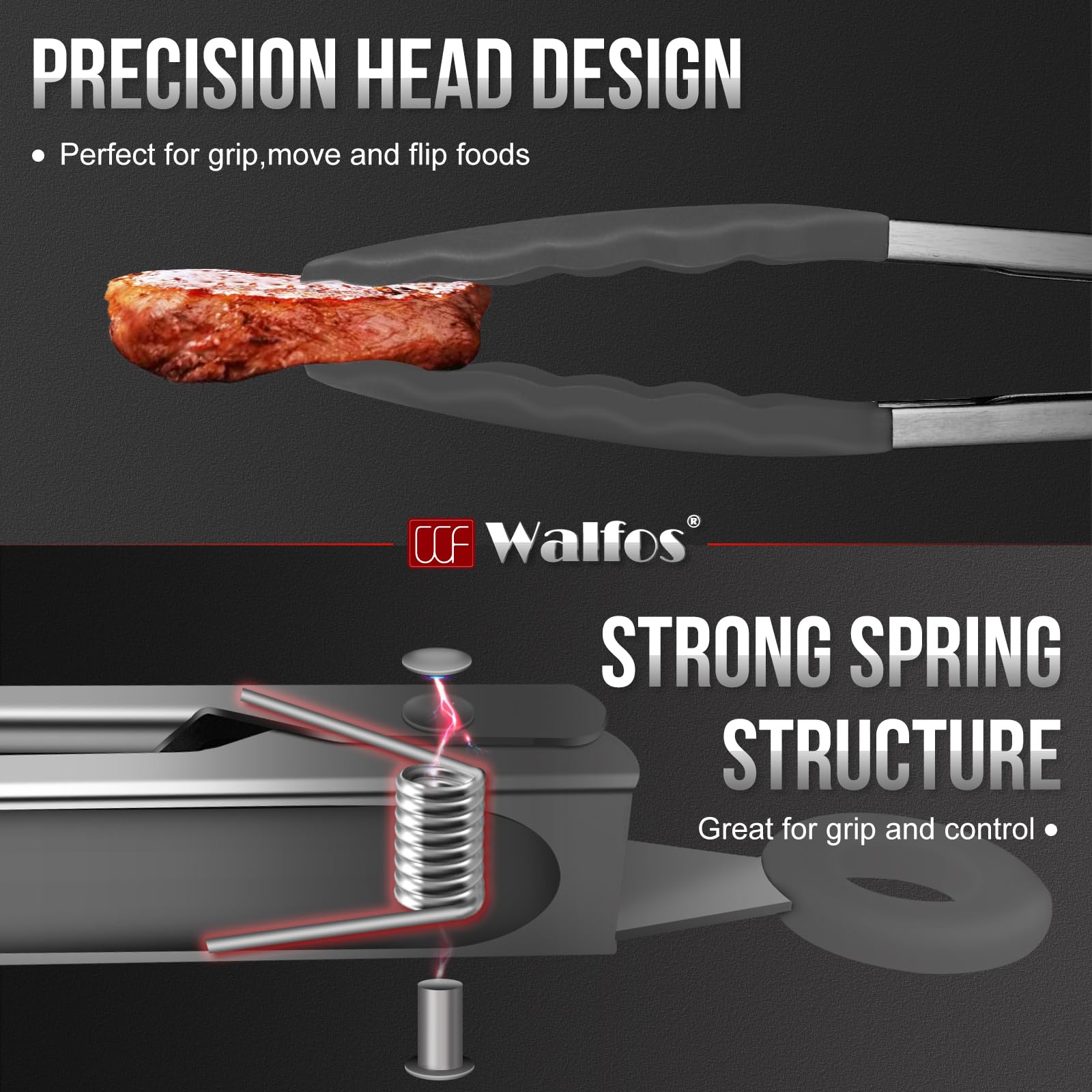 Walfos 600 Degree Heat Resistant Silicone Tongs for Cooking - Kitchen Tongs With Silicone Tips set of 3 size Food Looking Tongs (7'' 9'' and 12 inch Dark Grey)