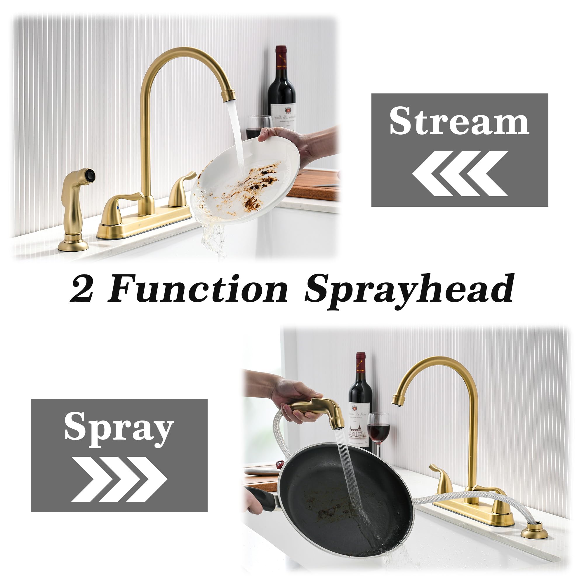 Fropo Gold Kitchen Faucet With Side Sprayer - 2 Handles 8Inch 3 Or 4 Hole Kitchen Sink Faucet Modern Brass Kitchen Golden Faucet