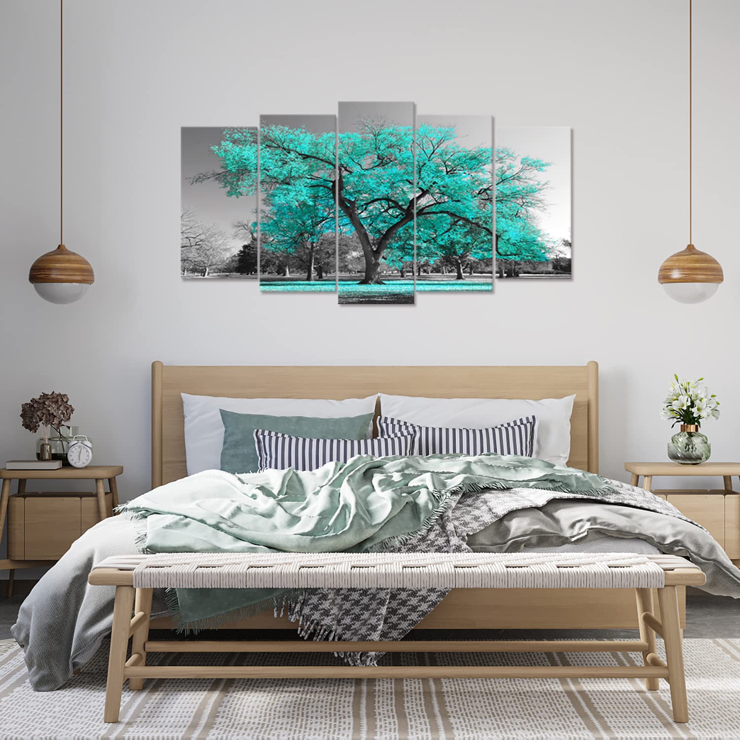 Visual Art Decor Large 5 Pieces Teal Tree Canvas Wall Art Turquoise And Grey Tree Blossom Picture Artwork Nature Wall Decoration