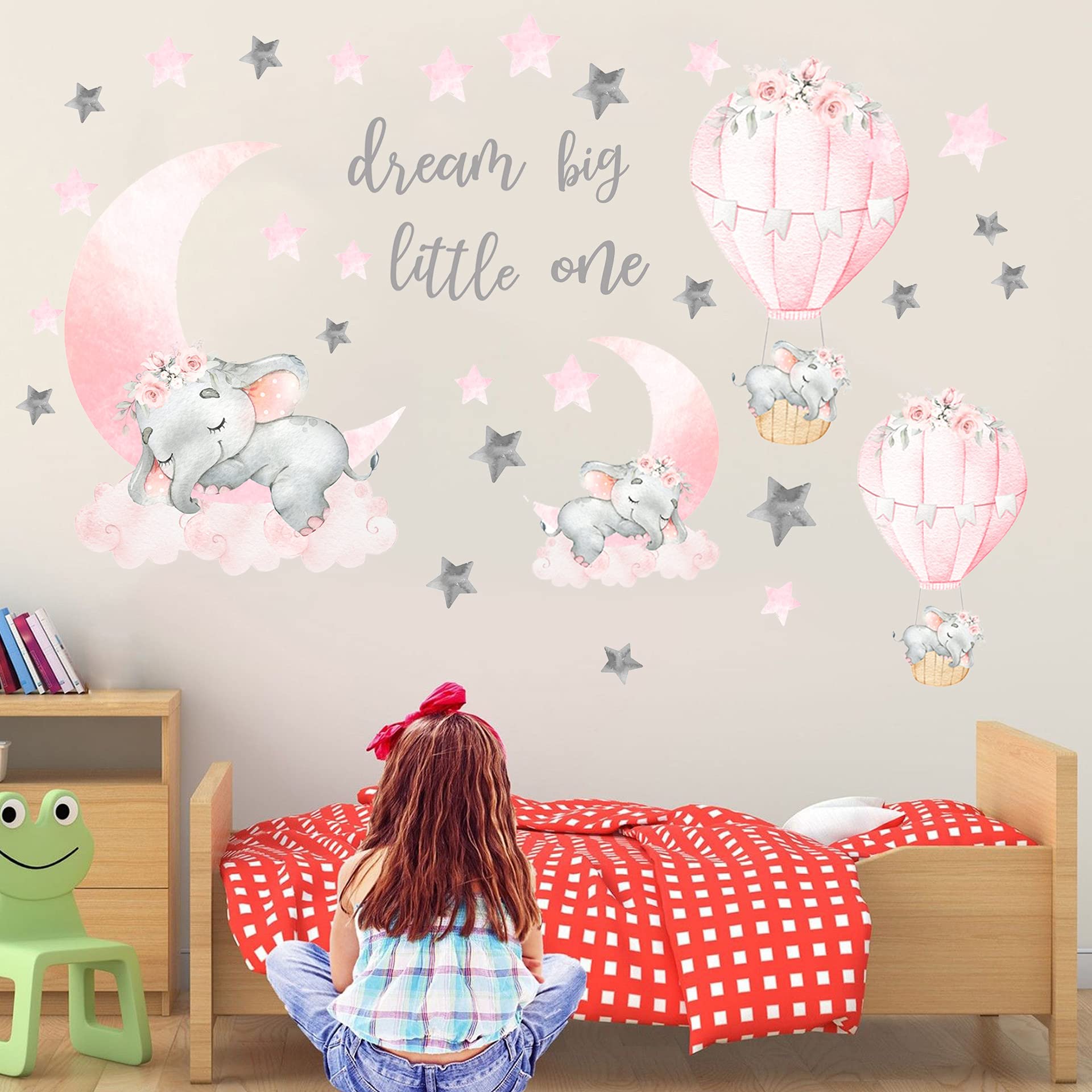 Dream Big Little One Elephant Wall Stickers  Pink Moon Hot Air Balloon Grey Stars Wall Decals for Nursery Kids Room Living Room Bedroom Decorations Home Decor