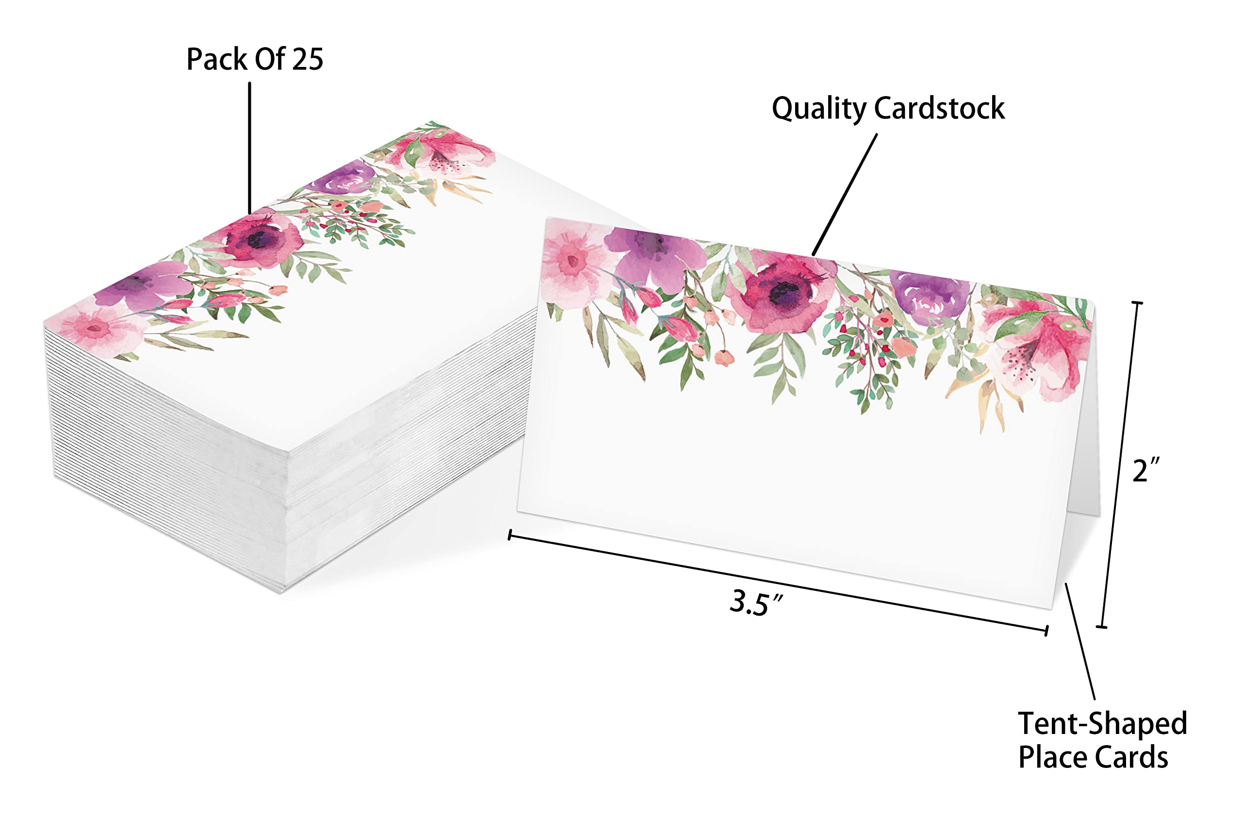 Table Place Card, Watercolor Floral Themed Tent Style Cards, Pack Of 25 Half-Fold Reception Place Card, Perfect For Wedding, Bri