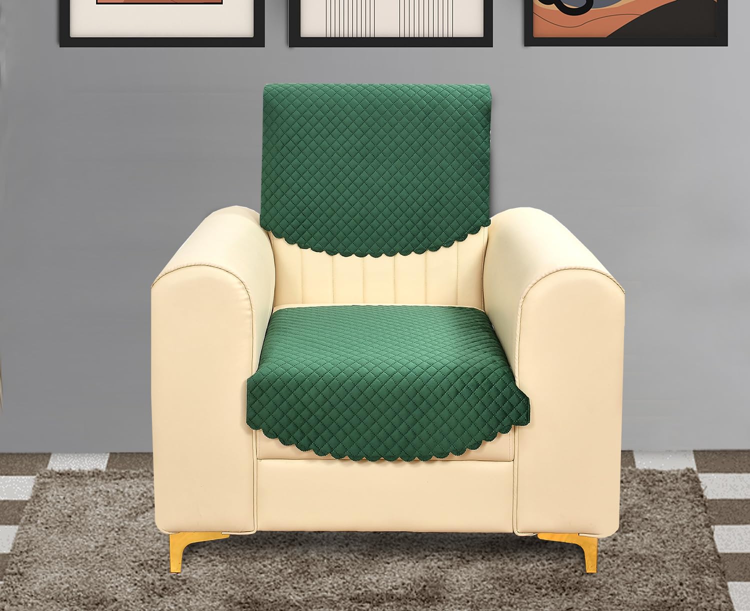 Yellow Weaves Velvet 1 Seater Self Design Quilted Sofa Chair Cover, Seat & Back Cover, Color - Dark Green