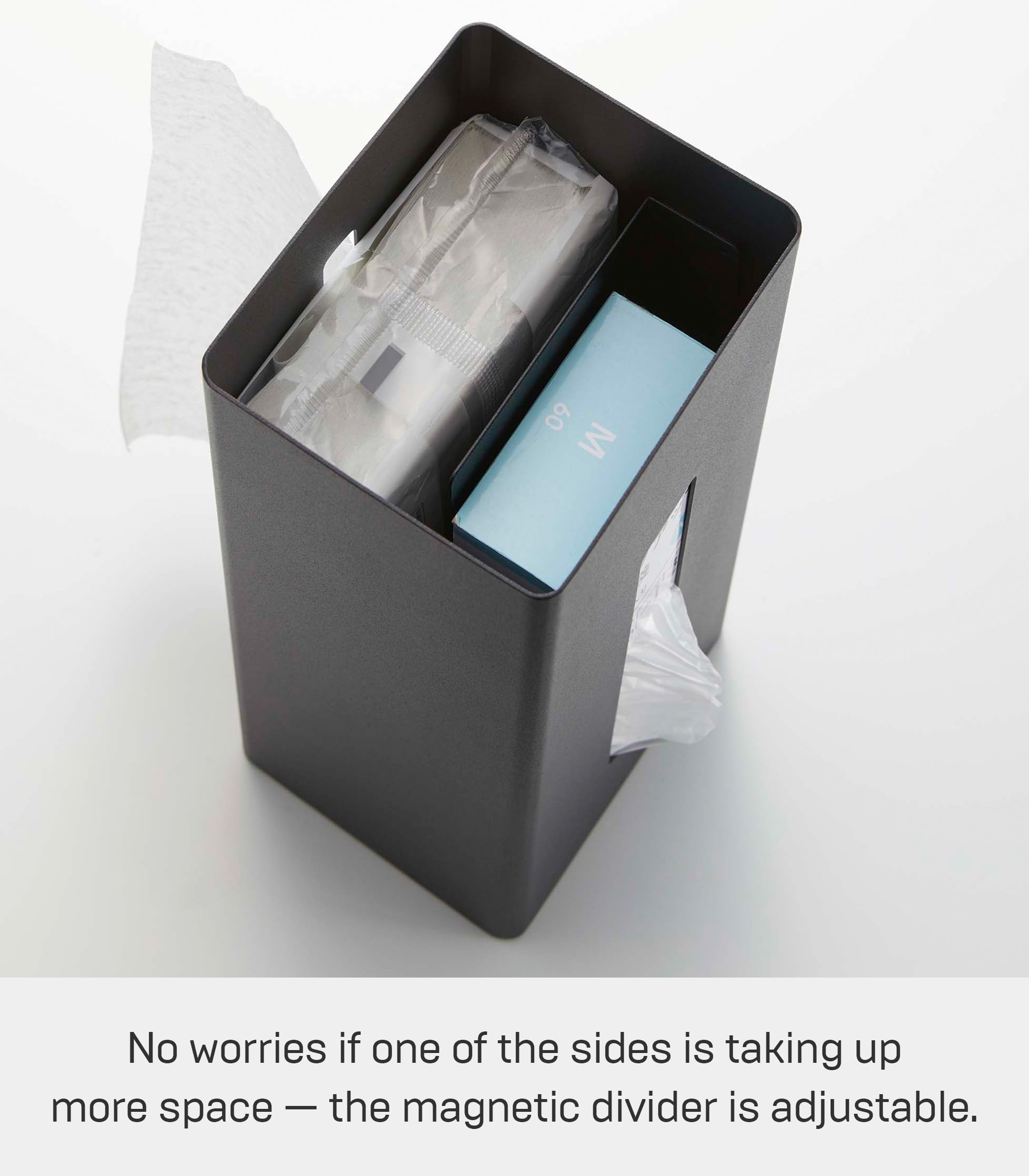 Vertical Double Sided Tissue Box Holder with Adjustable Divider- Metal Paper Or Bag Dispenser with Wooden Lid