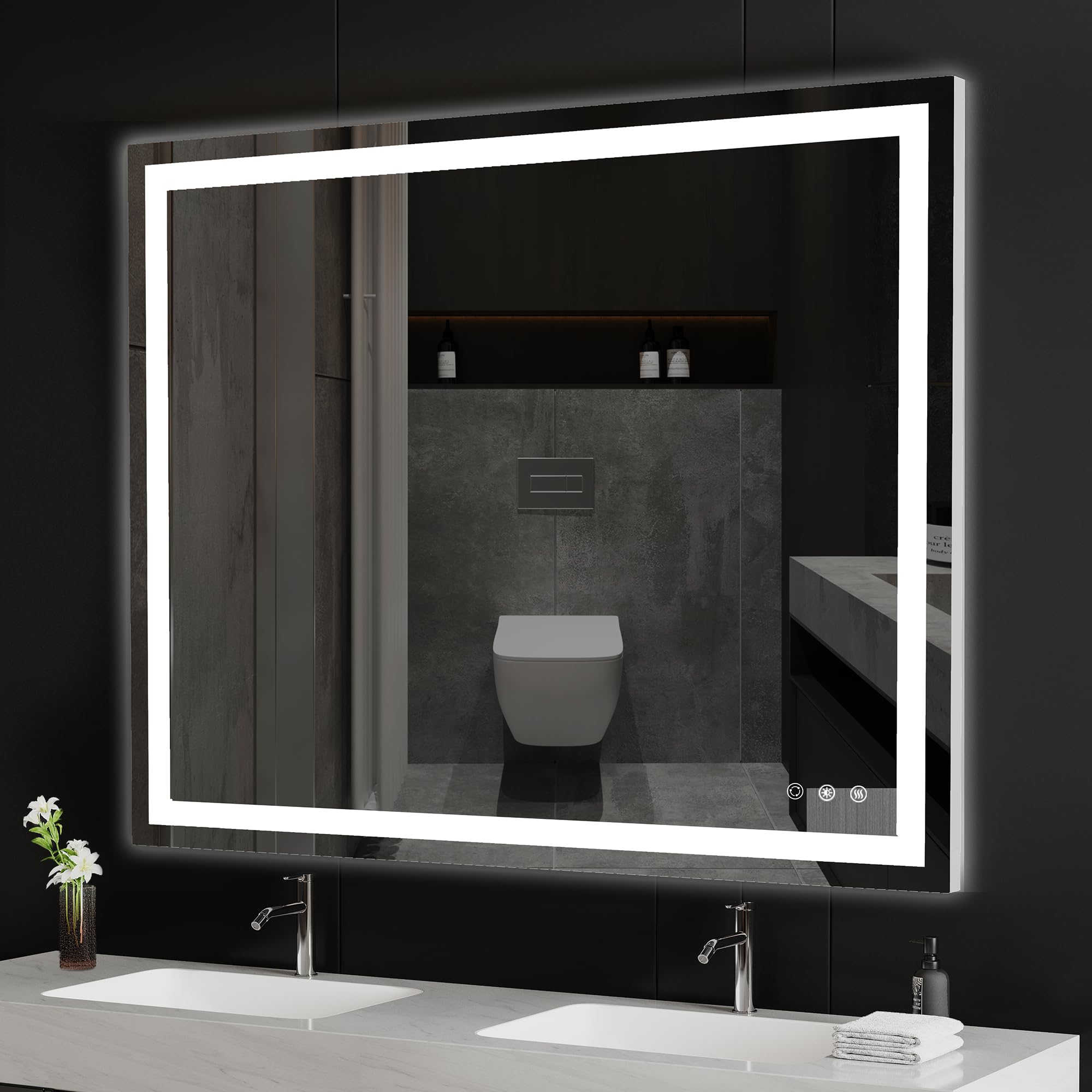Besmirror 40X32 Inch Led Bathroom Mirror - Anti-Fog, Stepless Dimmable - Bathroom Mirror With Led Lights - 3 Color Led Mirror Fo