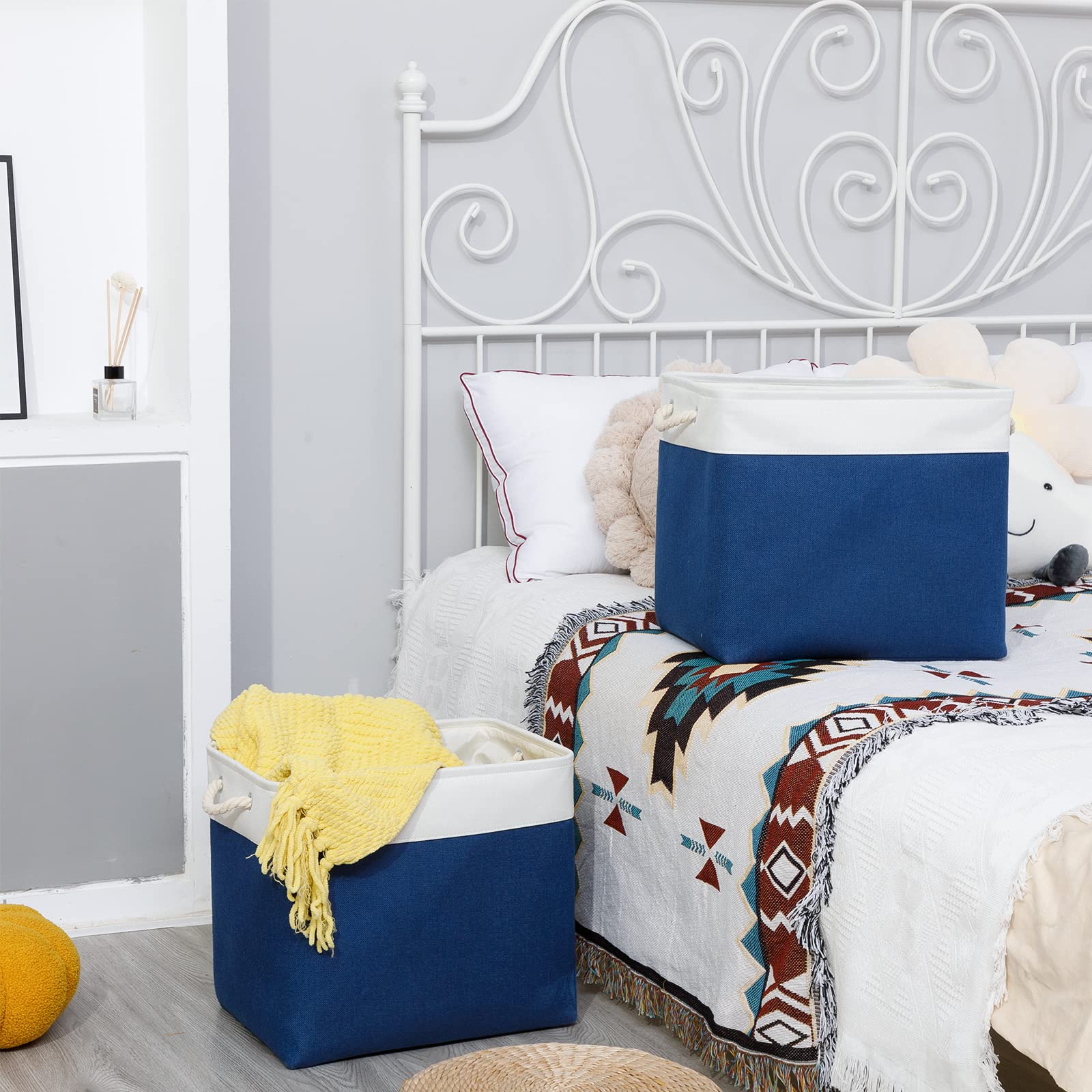 Bidtakay Large Baskets With Cotton Handles Set Of 2 Navy Blue Canvas Organization Bins 17X12X15 In Rectangular Baskets For Blank