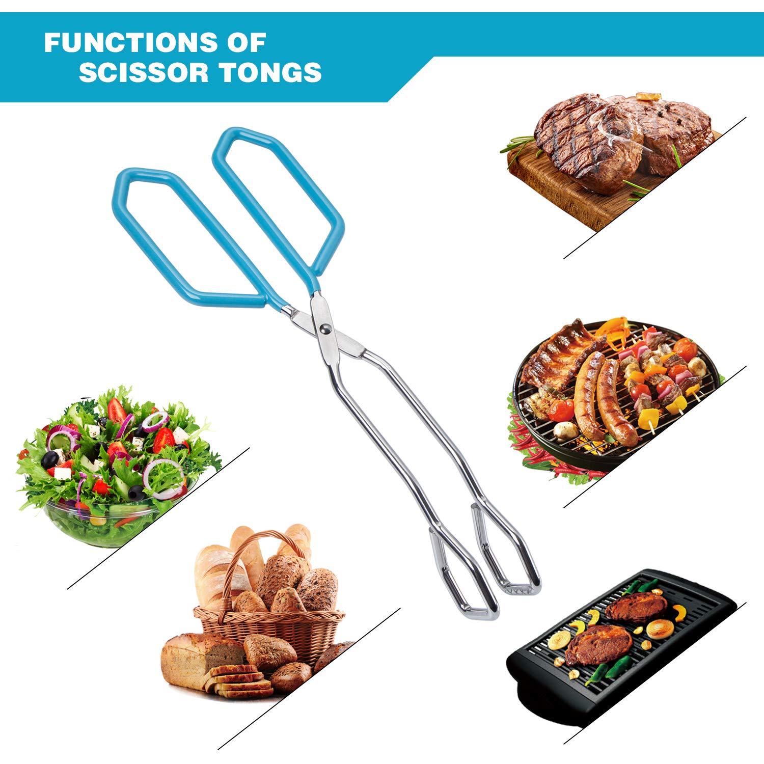 MSY BIGSUNNY Stainless Steel Scissor Tongs - Heavy Duty Cooking Tongs, 11" Blue (2-Pack) - Model ST0022-1111blue