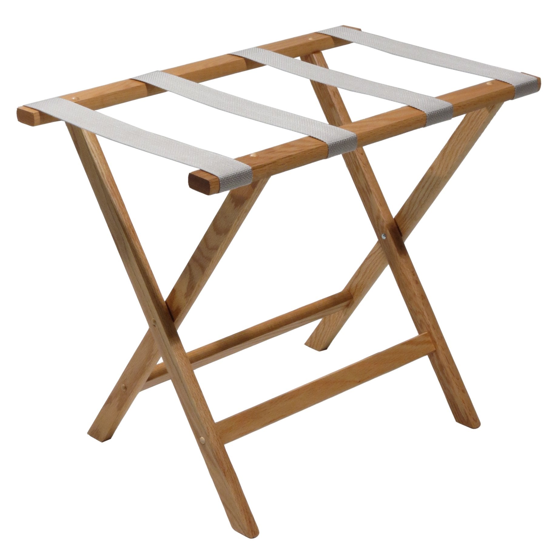 Wooden Mallet Deluxe Straight Leg Luggage Rack  Silver Straps  Light Oak