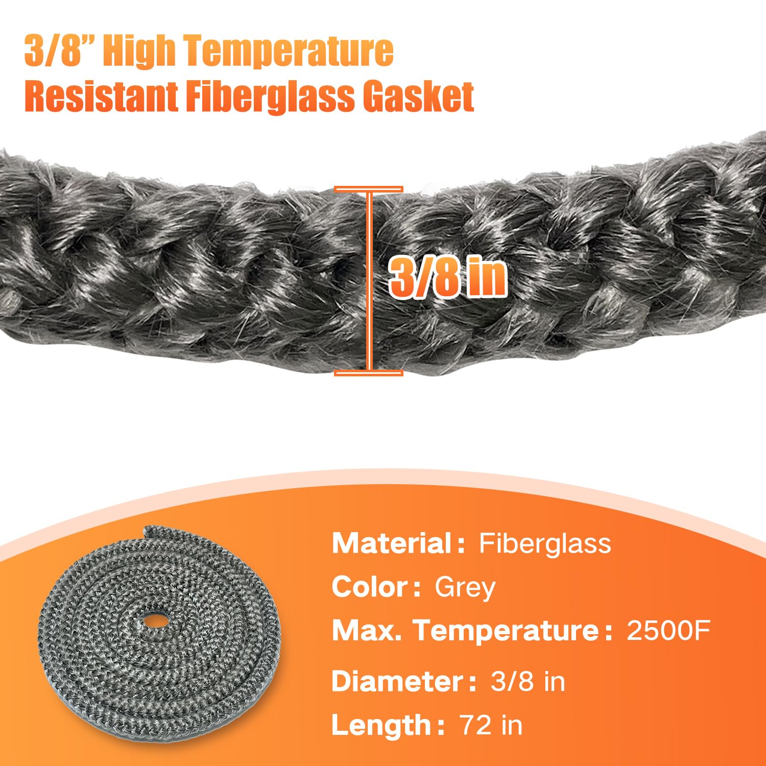 Protalwell Wood Stove Gasket (3/8'' X 72'' Rope), Wood Stove Door Gasket, Grey Color Fiberglass Gasket, Wood Stove Door Seal, 3/