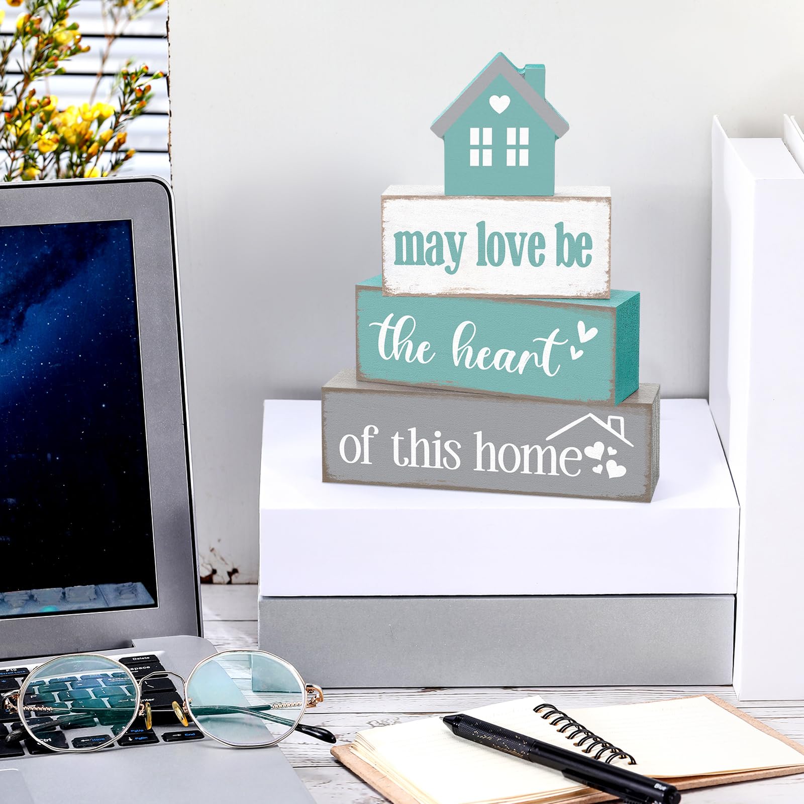 Cinnvoice Farmhouse Wooden Tabletop Decor Home Tiered Tray Decor Rustic Pastel May Be Love The Heart of This Home Wood Sign Neut