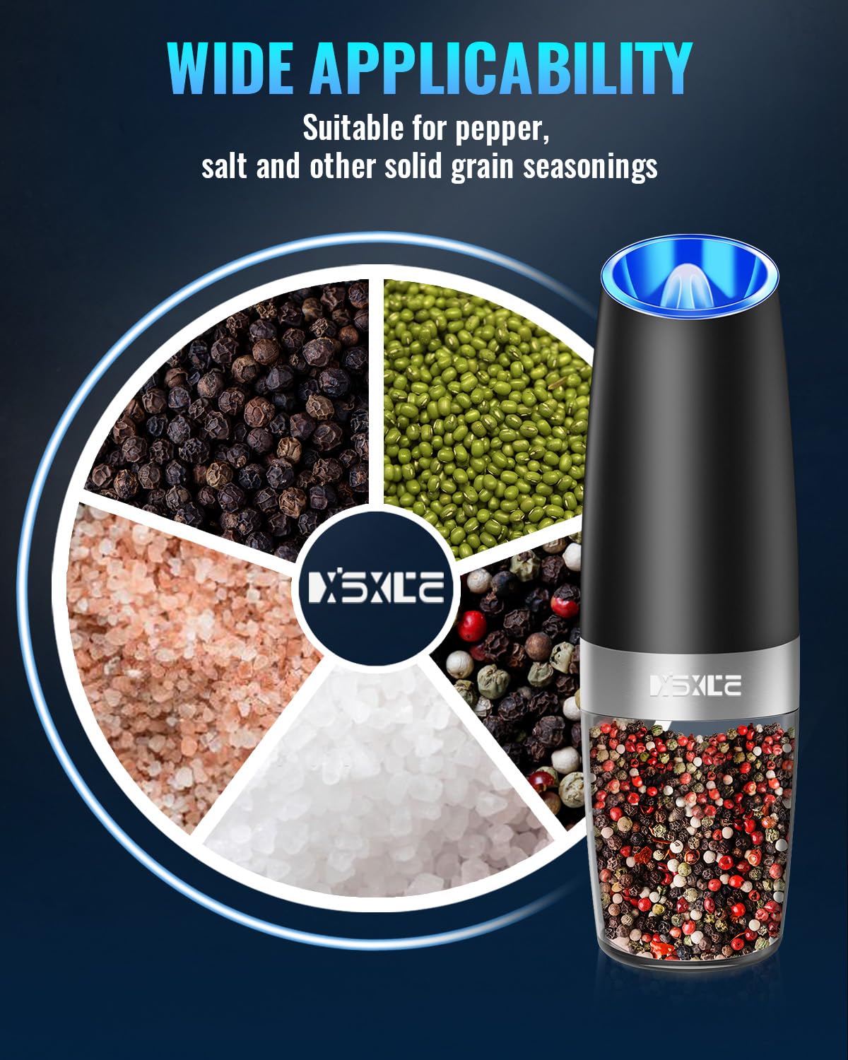 XinXu Gravity Electric Pepper and Salt Grinder Set, Adjustable Coarseness, Battery Powered with LED Light, One Hand Automatic Op