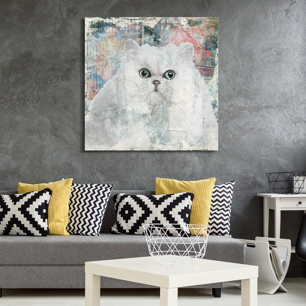 Wall26 Square Cat Series Canvas Wall Art - A White Cat On Grunge Colorful Background - Giclee Print Gallery Wrap Modern Home Art