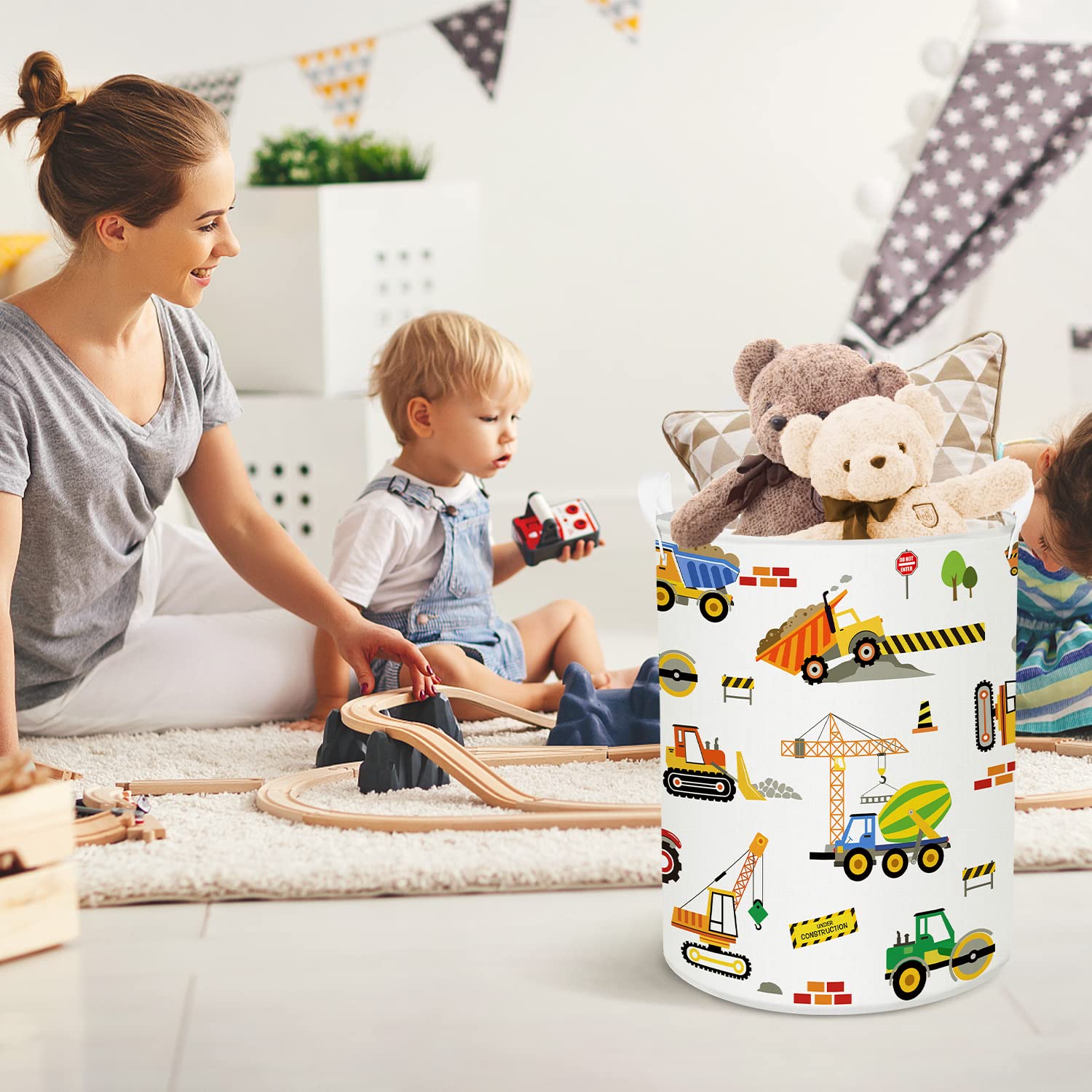 Clastyle 45L Cartoon Construction Vehicles Waterproof Laundry Hamper Collapsible Excavators Truck Laundry Basket With Drawstring