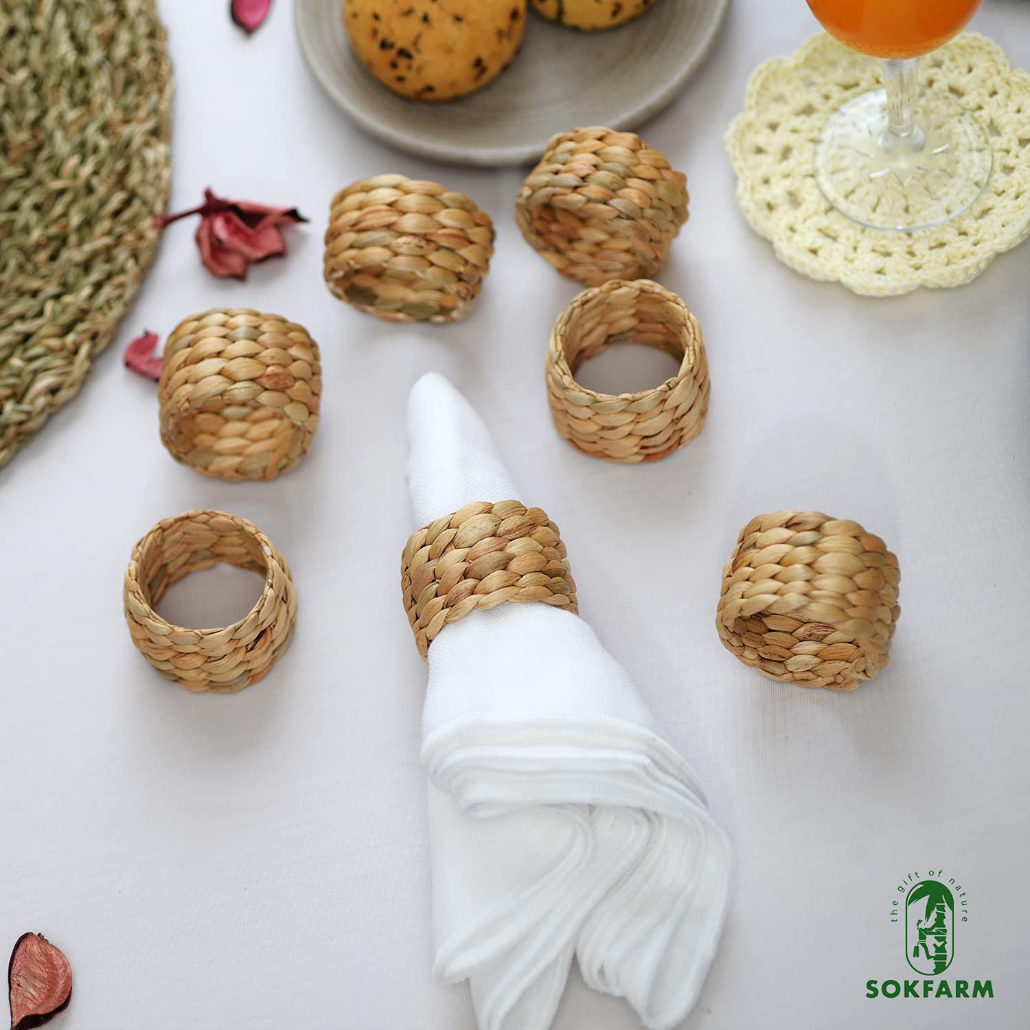 12Pcs Round Woven Napkin Ring, Water Hyacinth Napkins Rings, Rustic Napkin Rings, Handmade Braided Grass And Bead Napkin Ring, F