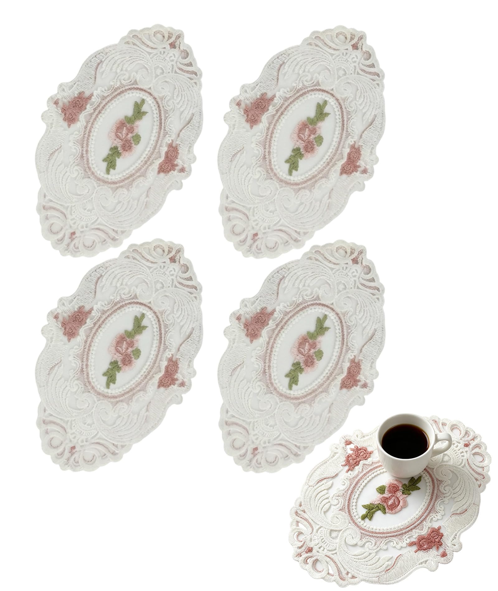 4Piece Side Table Cover Set, Floral Embroidered Table Mat and Small Table Cloth, White Polyester Set of 4 Placemats for Nightst