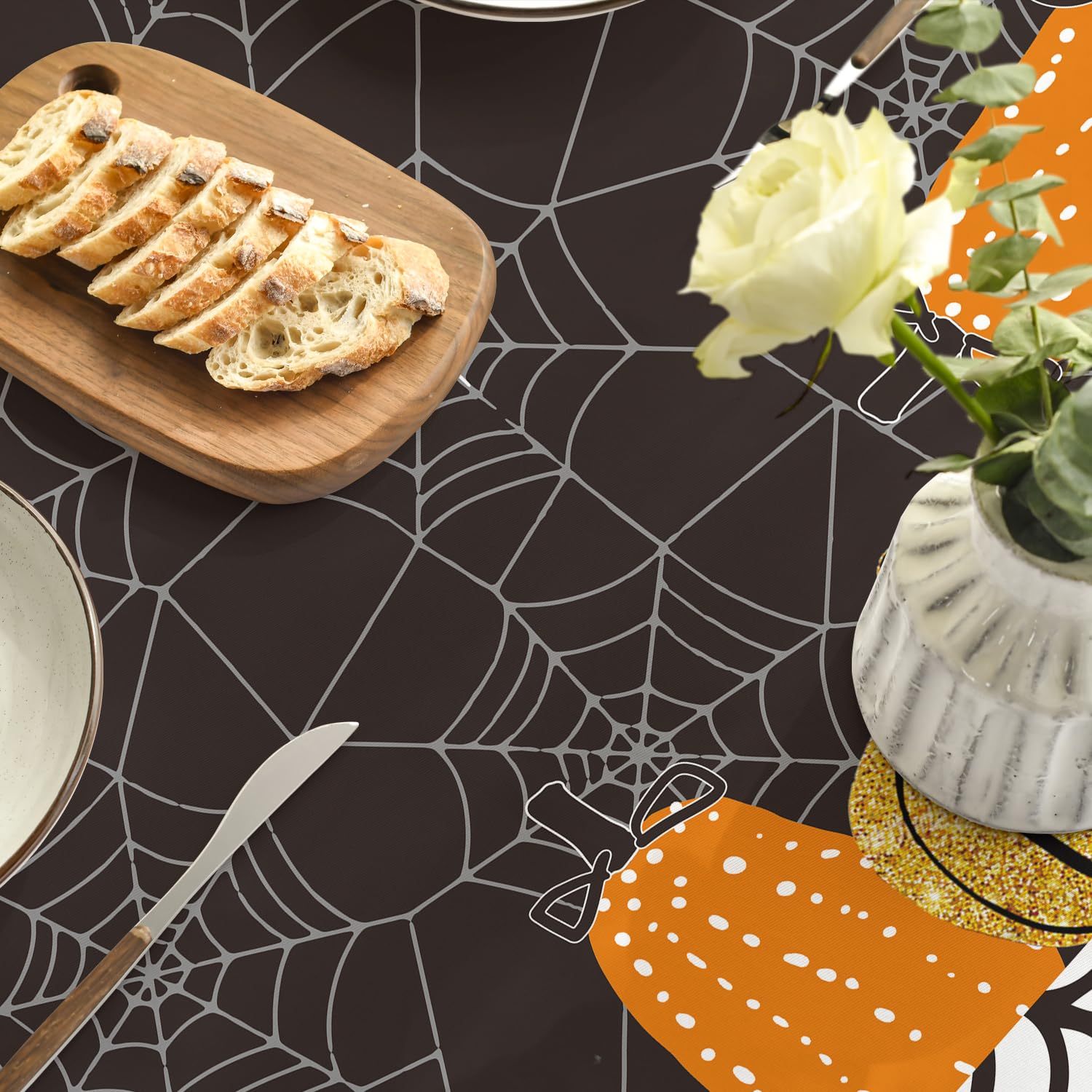 Horaldaily Halloween Tablecloth 70X70 Inch Round, Jack-O-Lantern Pumpkin Cobweb Scary Themed Black Washable Table Cover For Part