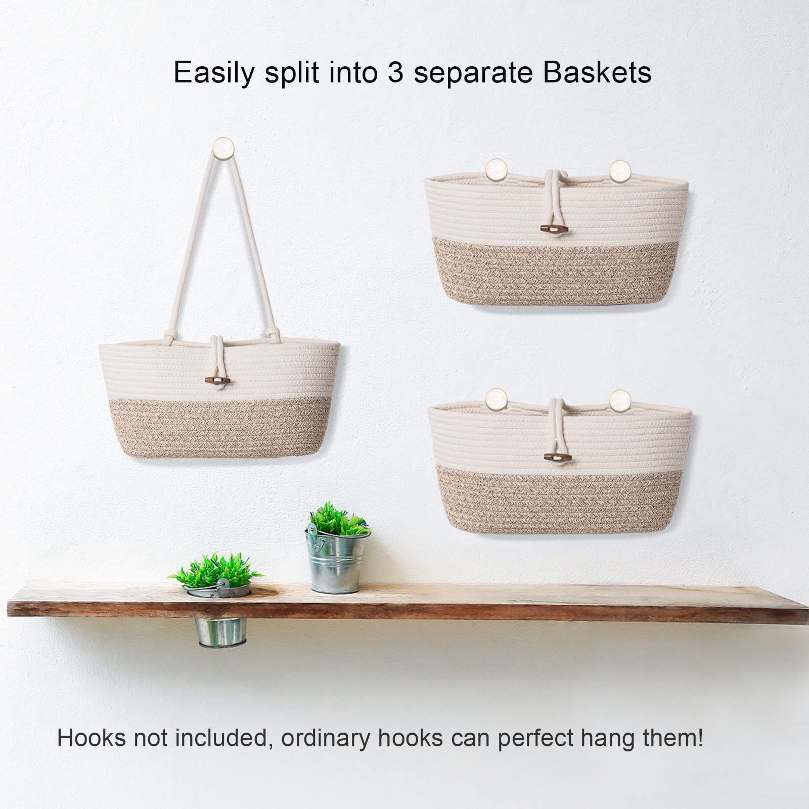 Oradrem Over The Door Basket Cotton Rope Organizer, 3-Tier Wall Hanging Storage Basket, Closet Organizing, Decorative Baskets Fo