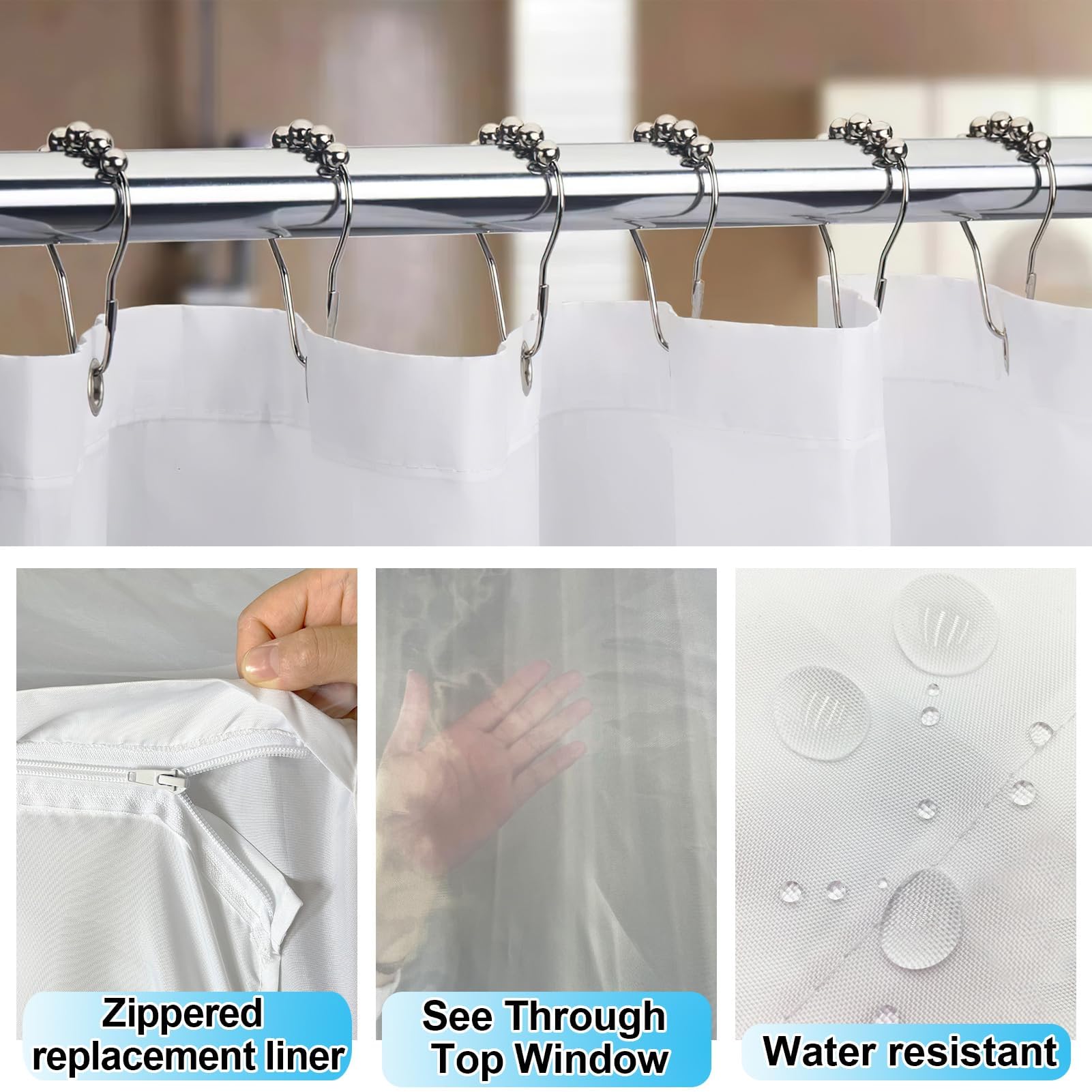 Ortigia Double Misty Forest Shower Curtain Set With Snap In Liner For Bathroom, Dark Green Nature Shower Curtains With See Throu