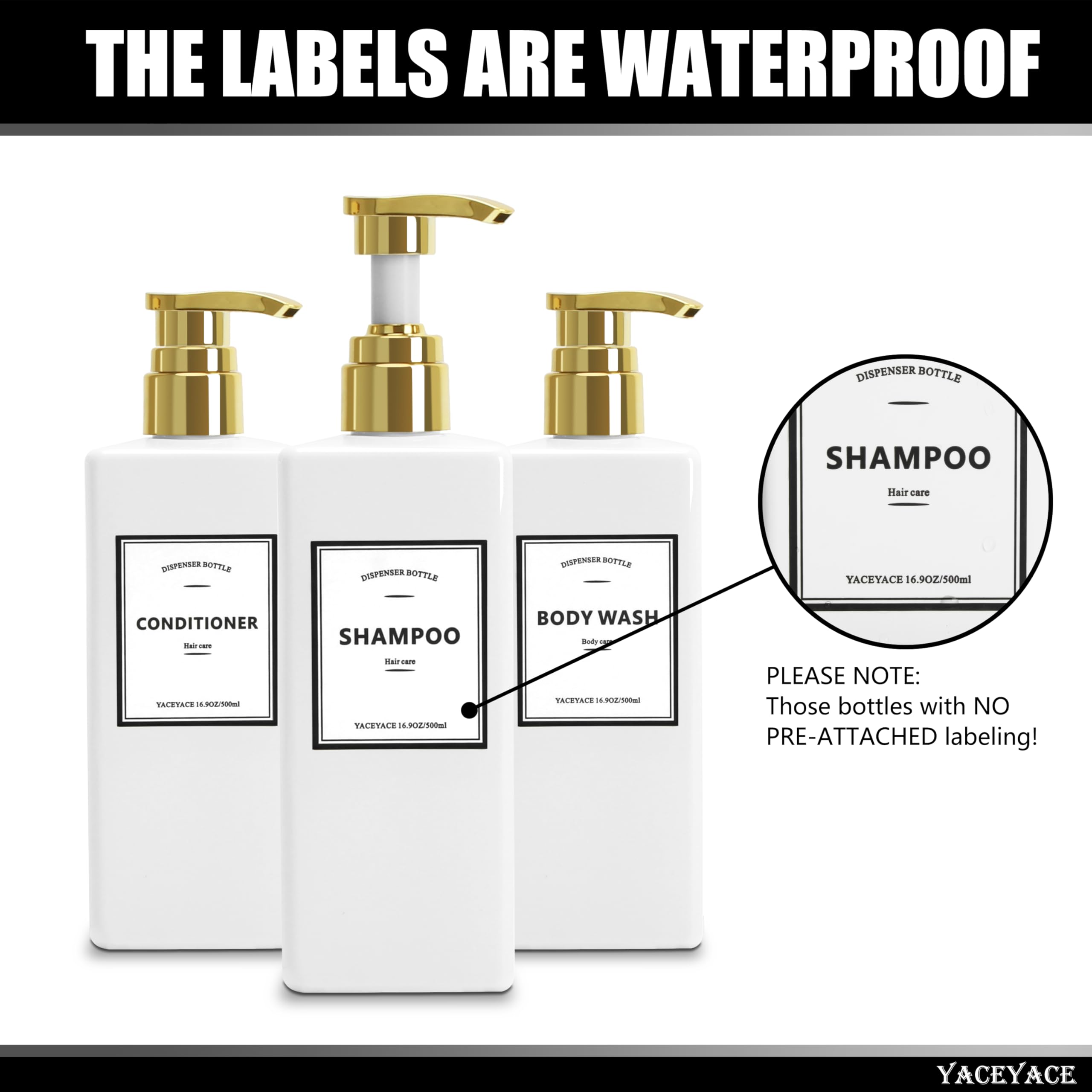 White Shampoo Bottles With Gold Pump, Yaceyace 16.9Oz Set Of 3 Empty Black Shower Bottles, Elegant Boutique Shampoo Dispenser Fo