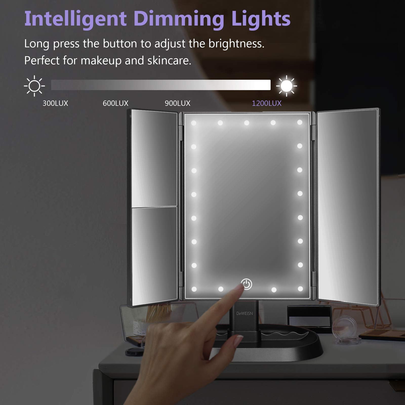 deweisn Trifold Lighted Vanity Makeup Mirror with 21 LEDs Lights 1x/2x/3x Magnification and Touch Screen Dimming Two Power Supplies Makeup Mirror  Gift for Women