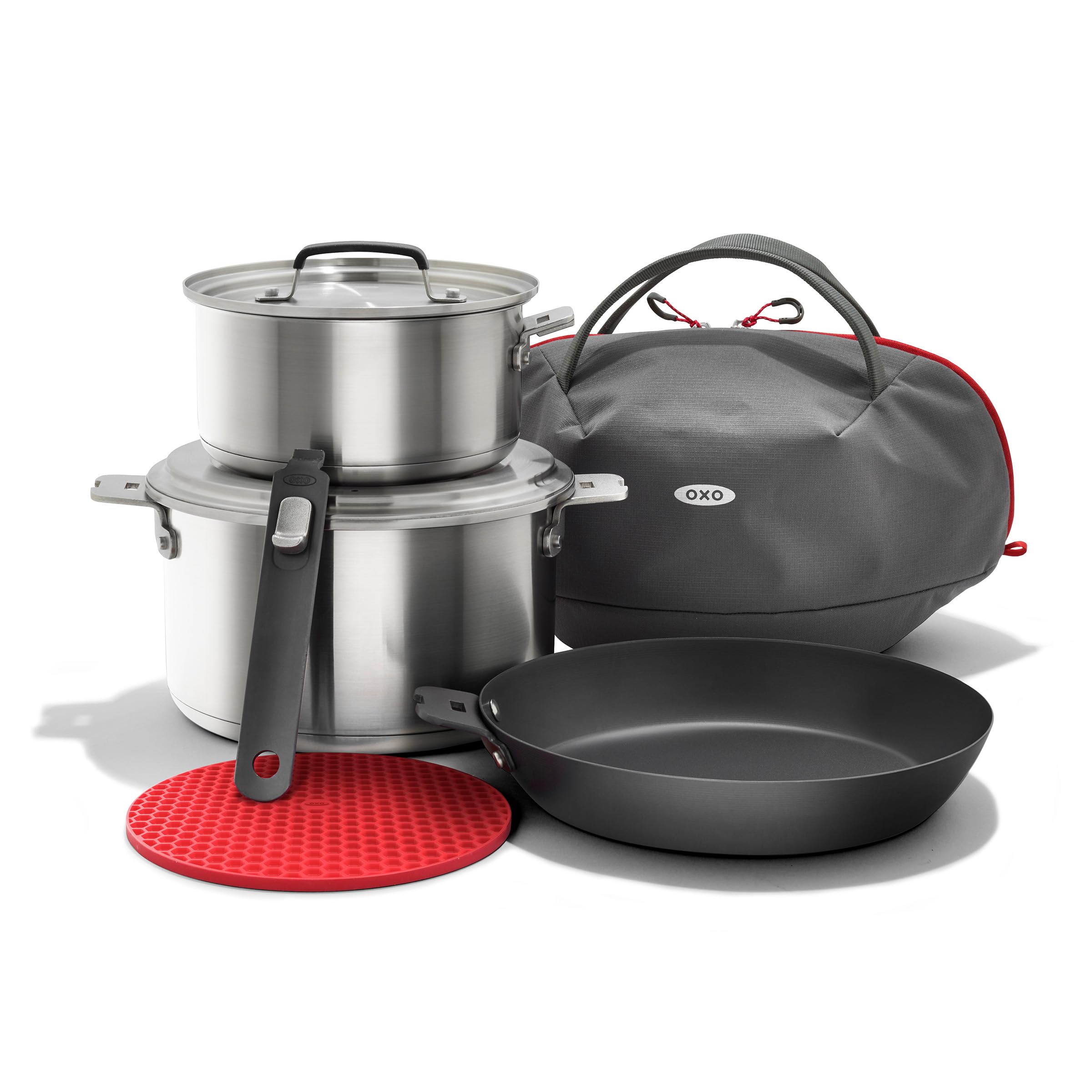 OXO Outdoor 8 Piece Camping Cookware Set, 10 Pre-Seasoned Carbon Steel Frying Pan Skillet, 2.25QT and 5QT Stainless Steel Saucep