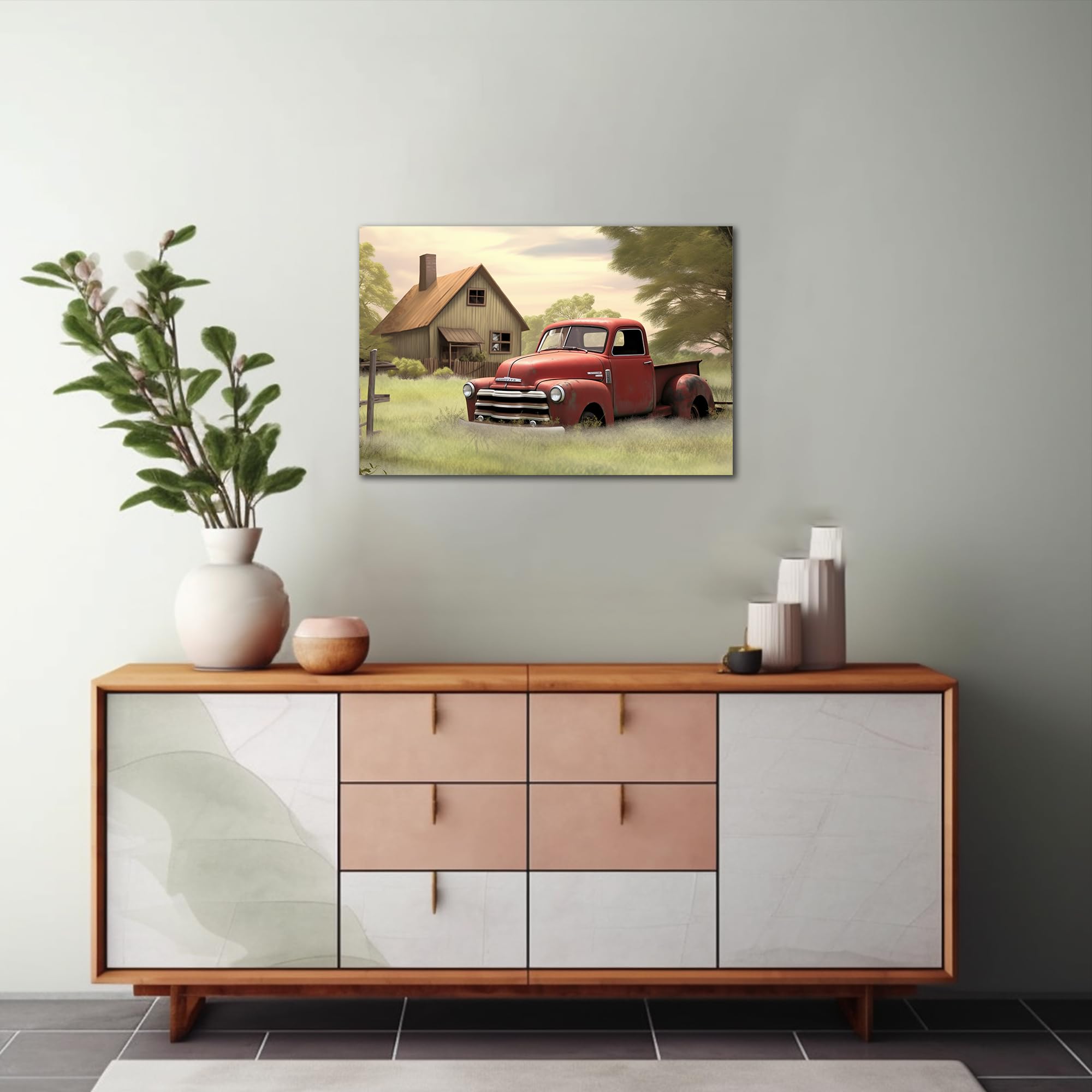 Farmhouse Truck Wall Art, Old Truck Canvas Prints, Barn Picture Wall Art For Rustic Home Decor, Rustic Landscape Canvas Painting