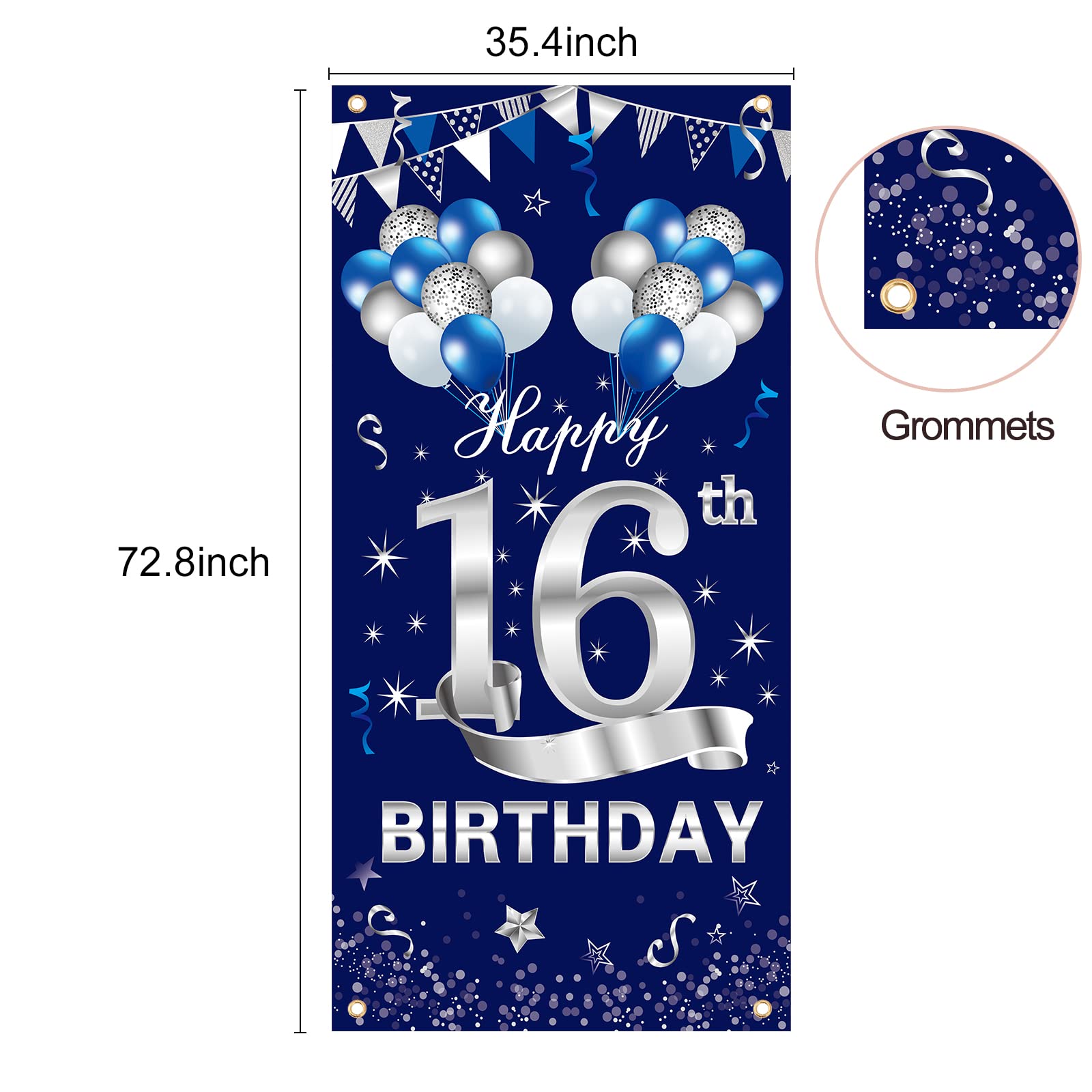 Turypaty Blue Silver 16Th Birthday Door Banner Decorations, Happy 16 Birthday Door Cover Sign Party Supplies For Boys, Sweet 16