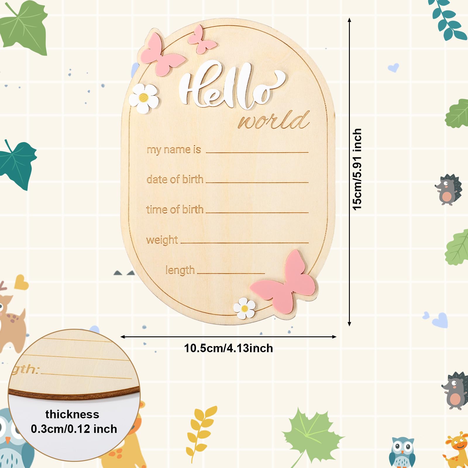 Wooden Baby Birth Announcement Sign, Hello World Newborn Name Signs Daisy & Butterfly Welcome Baby Arrival Plaque for Hospital N