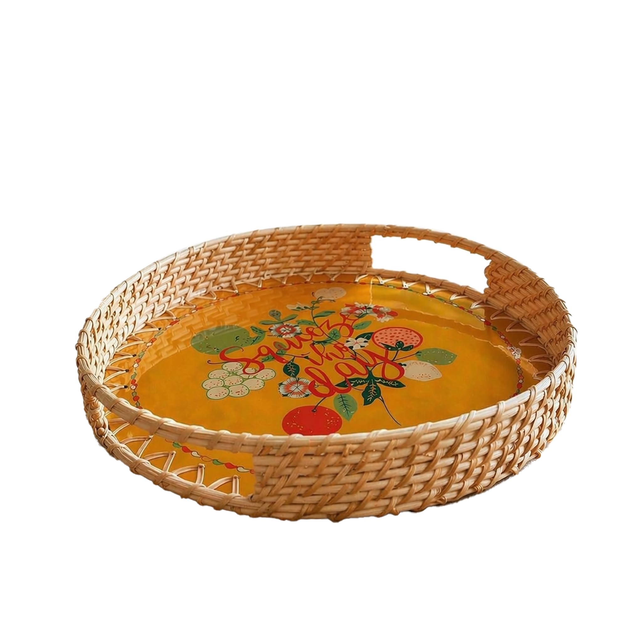 Chumbak Squeeze The Day Rattan Carry Tray | Citrus Collection | Rattan Carry Tray | Round | Handwoven | Summer Decor | Gifting |