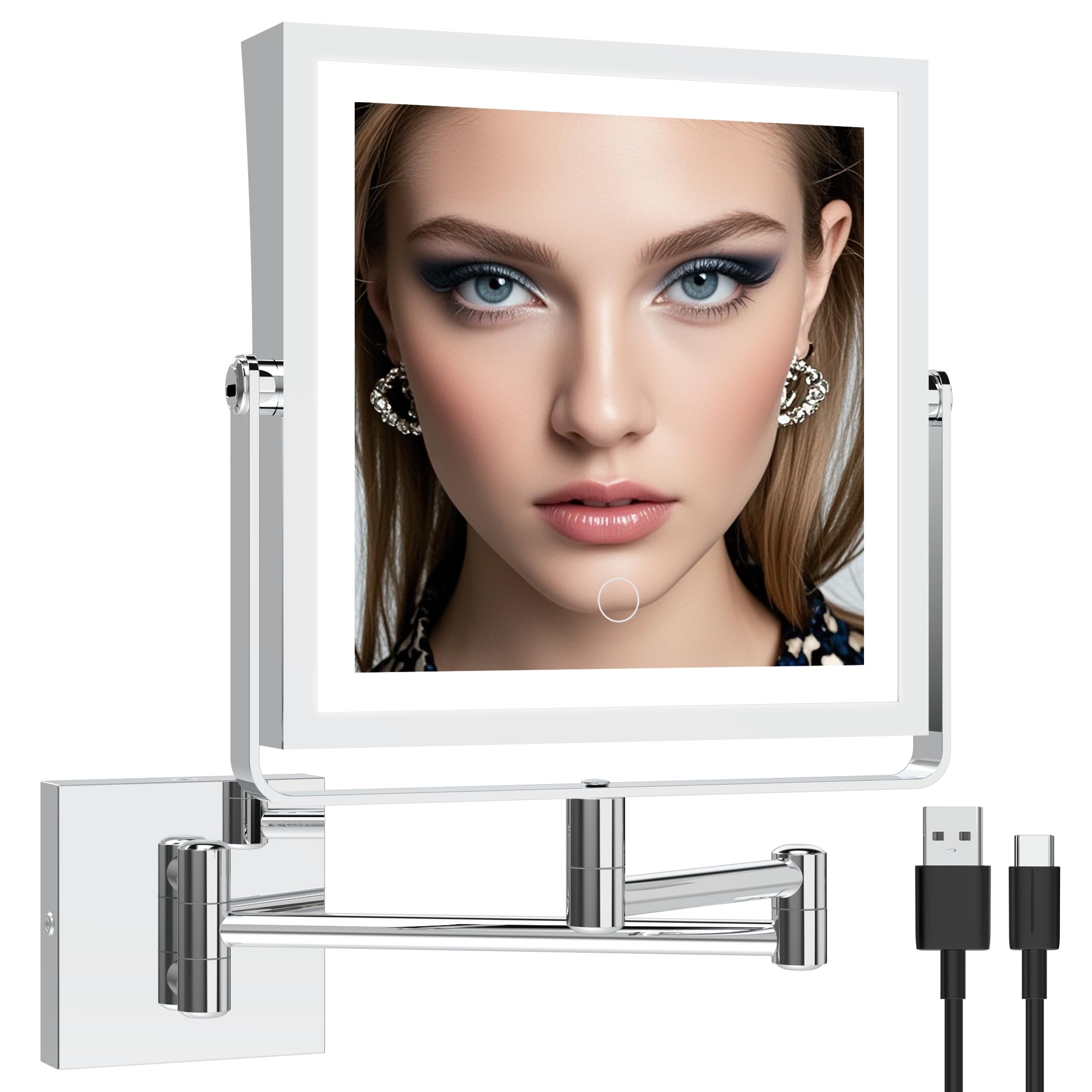 Ruacq Rechargeable Wall Mounted Makeup Mirror With Lights, Double Sided 1X/10X Magnifying Vanity Mirror With 3 Color Lighting, T