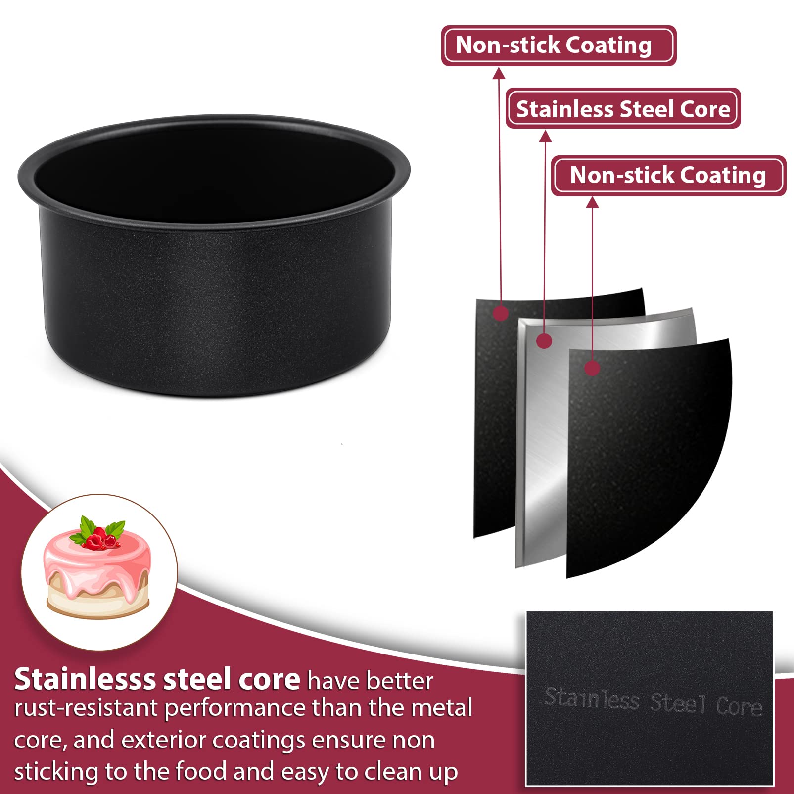 P&P Chef 4 Inch Mini Cake Pan Set Of 3, Non-Stick Round Baking Cake Pans Tins For Small Tier Smash Cakes, Non-Toxic & Solid, Sta