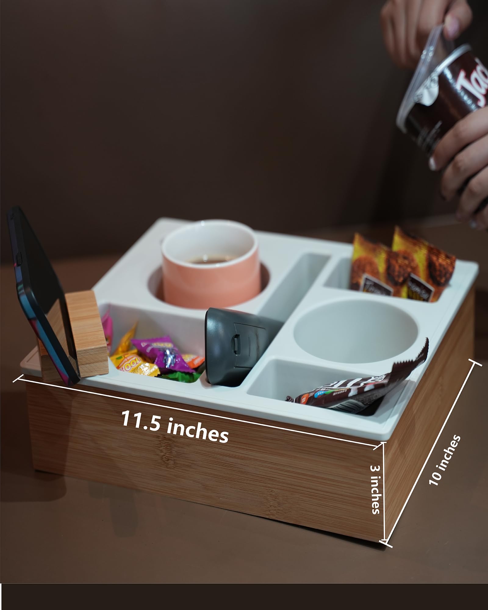 Couch Cup Holder Tray, Hitseon Handy Silicone Bamboo Couch Caddy With Rotatable Phone Holder For Bed Car Seat Organizer, Waterpr