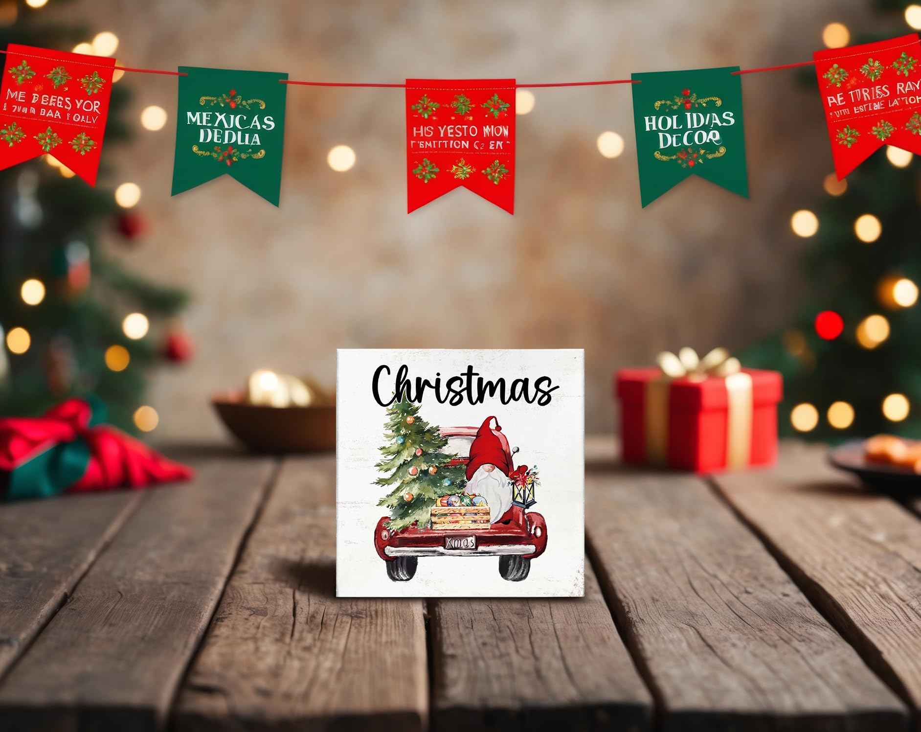 XDFVL Gnome Christmas Decorations Wooden Box Sign Desk Decor, Red Truck With Gnome, Christmas Gnomes Decorations Indoor, Christm