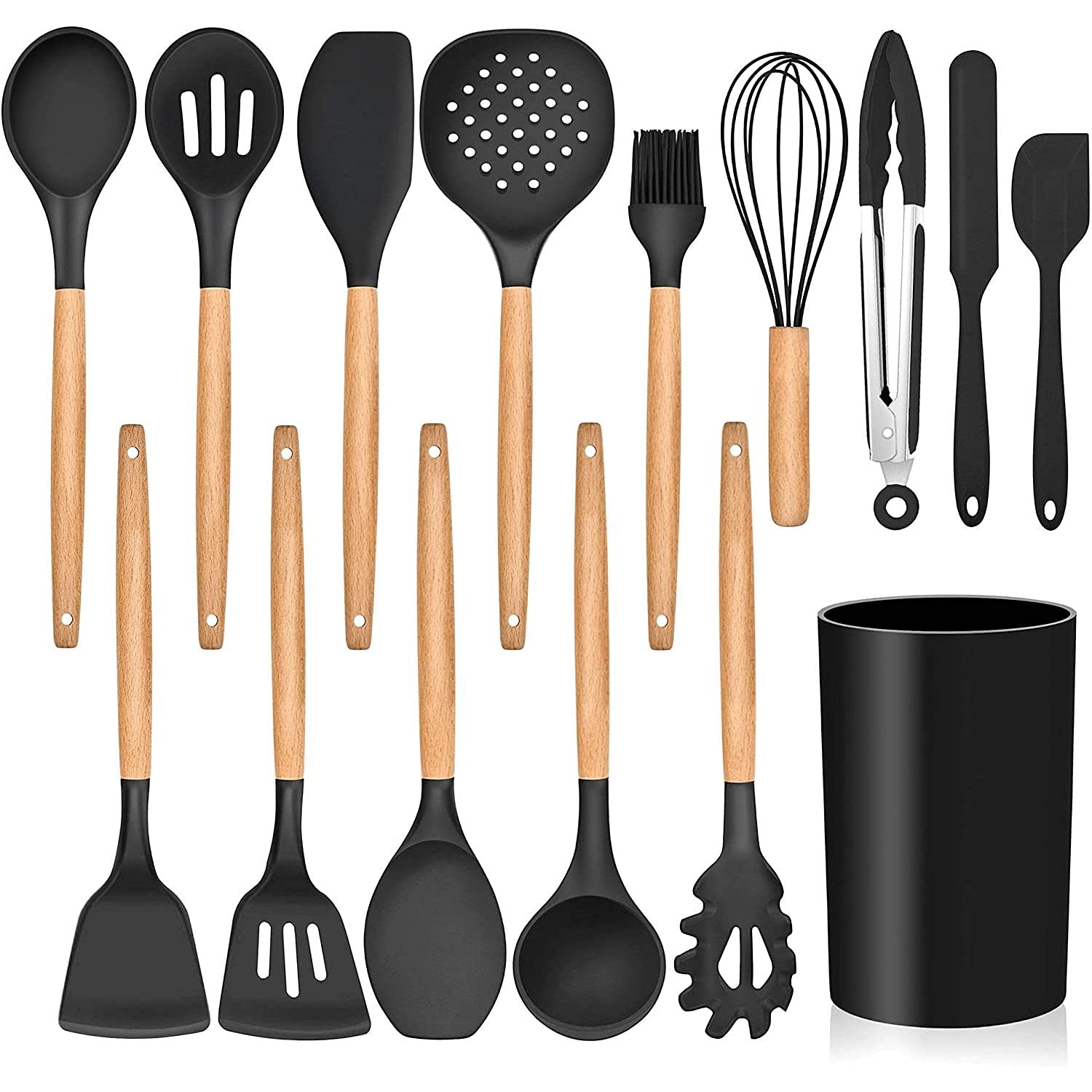 Lianyu 15-Piece Kitchen Silicone Cooking Utensils Set With Holder, Wooden Handle Kitchen Tools Include Spatula Tong Slotted Spoo