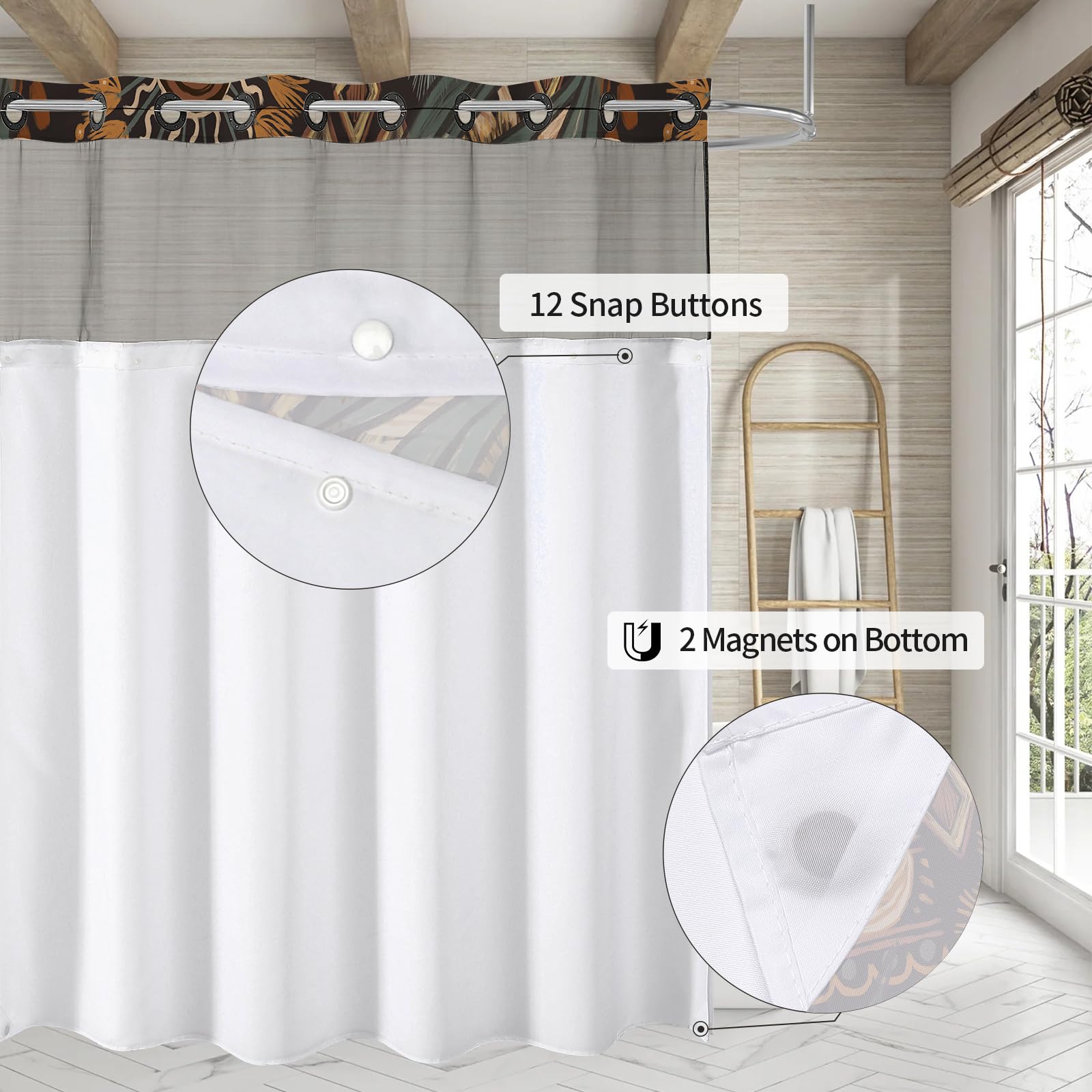 Mitovilla No Hooks Needed Boho Floral Shower Curtain Set With Snap-In Liner, Bohemia Abstract Leaves Fabric Cloth Shower Curtain