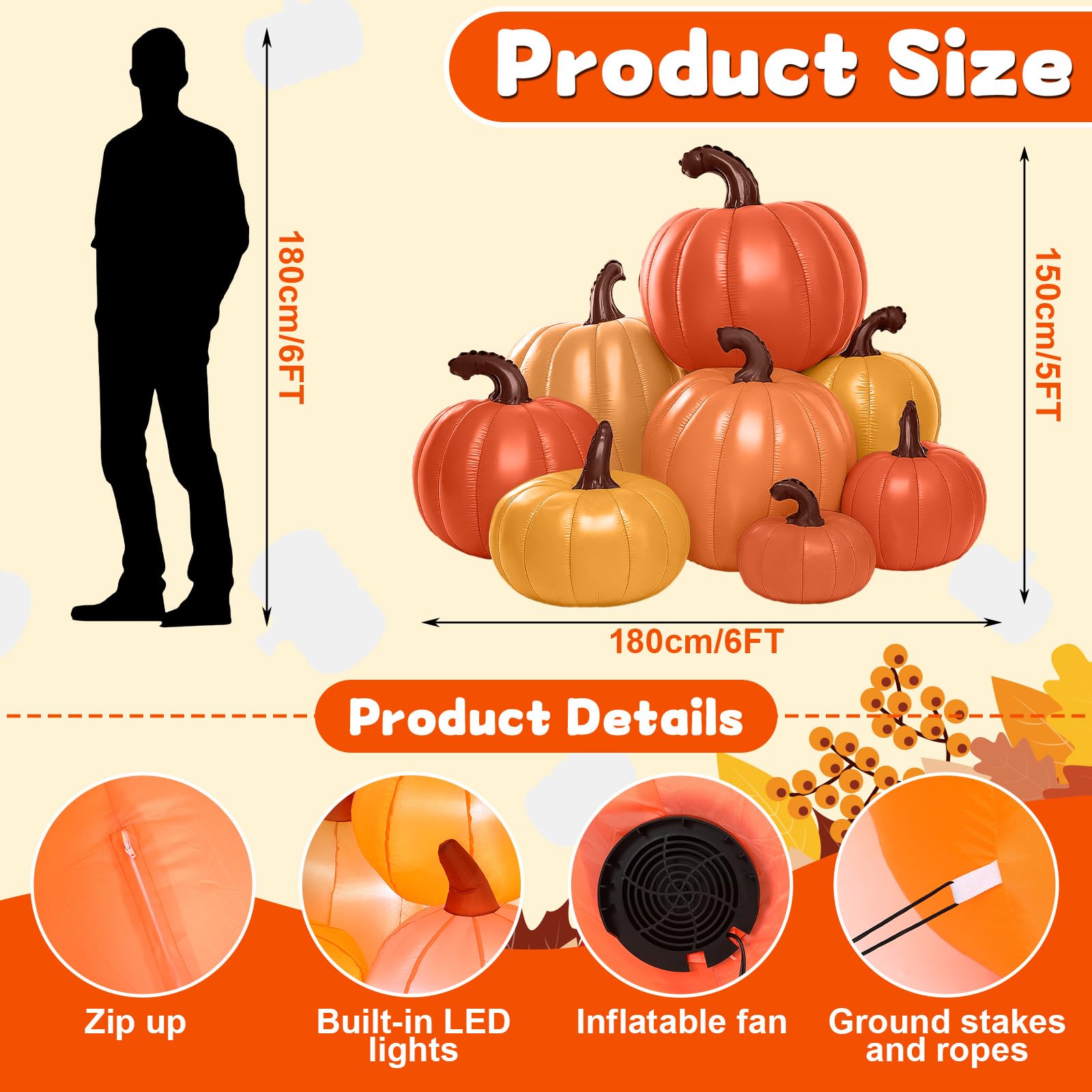 Leyndo 6 ft Tall Fall Pumpkin Inflatable Decorations with Build-in LEDs Fall Harvest Stacked Pumpkin Blow up Outdoor Inflatable