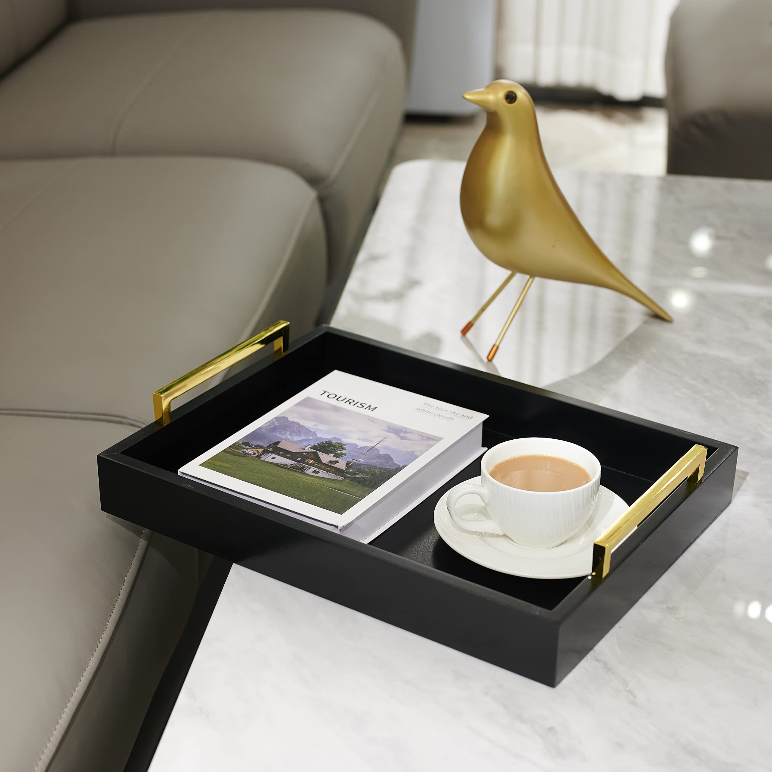 16''x12'' Serving Trays with Handles  Black Decorative Serving Tray  Ottoman Trays for  Living Room  Bathroom  and Outdoors Decorative Trays (Black)