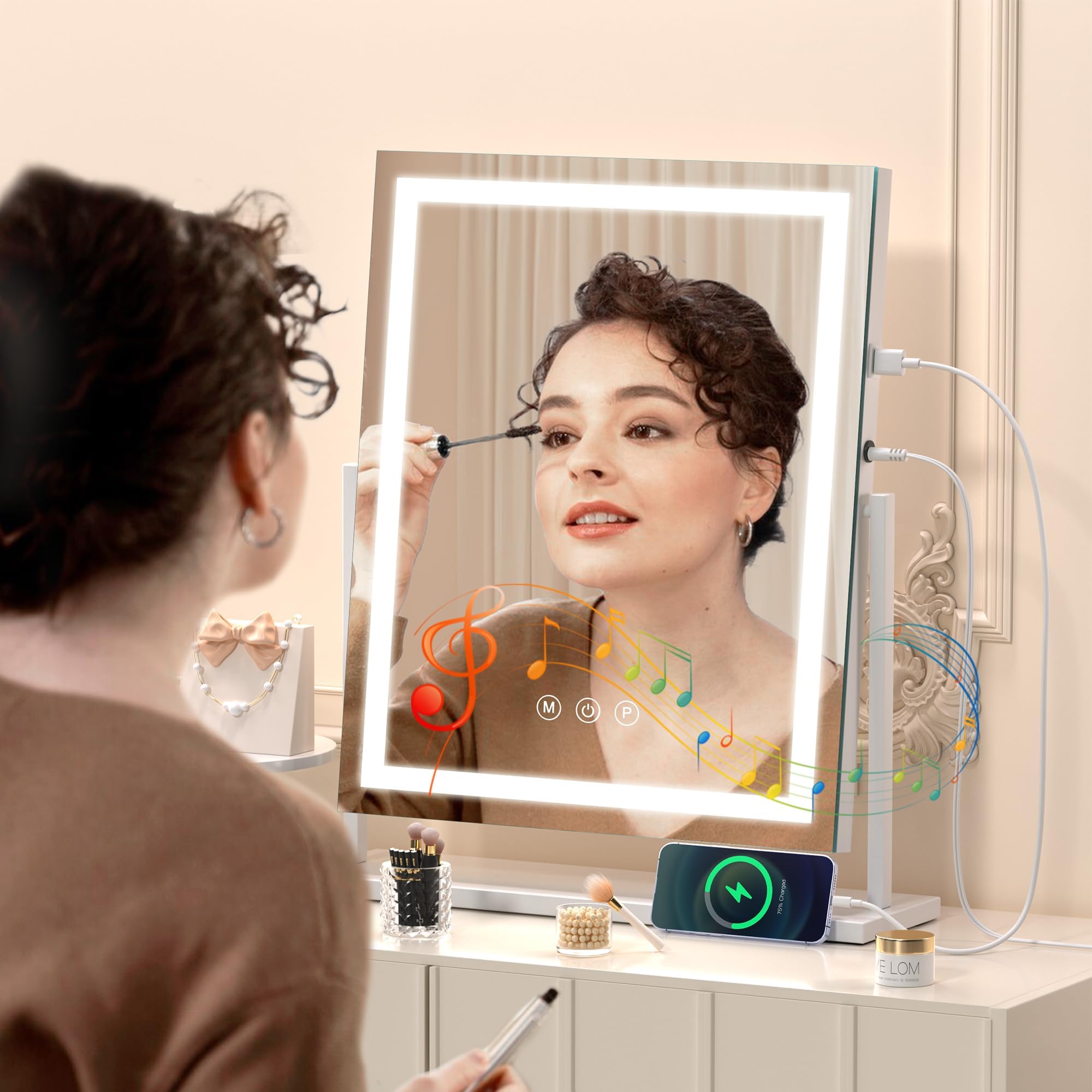 Hasipu Makeup Mirror With Lights And Bluetooth Speaker,With 10X Magnifying Glass 14'' X 18'' Vanity Mirror With Smart Touch 3 Co