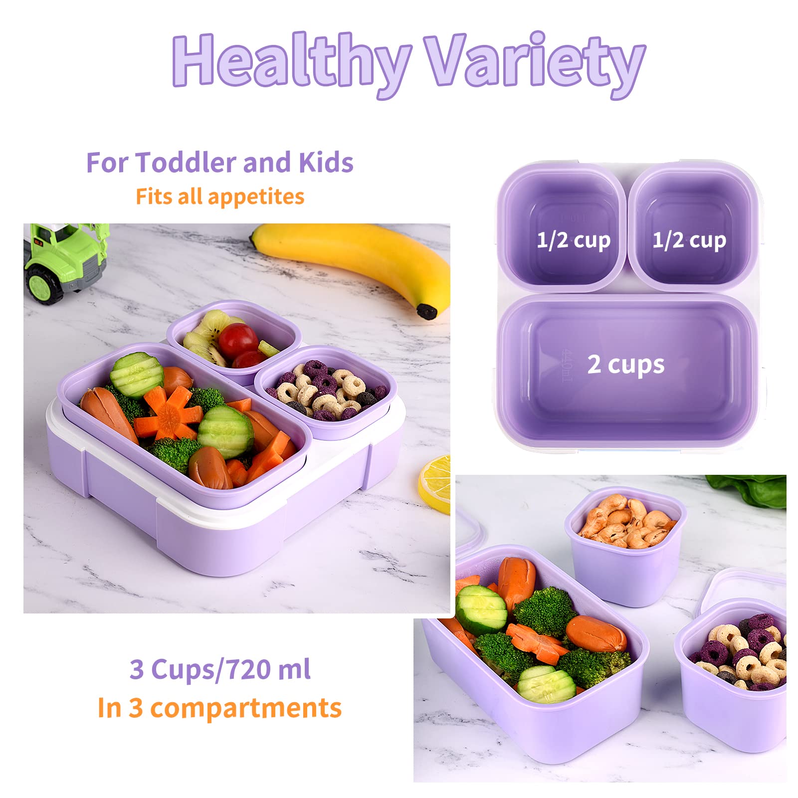 Genteen Small Kids Snack Containers For School 3 Compartment Travel Snack Containers With Dividers Portion Control Lunch Box For
