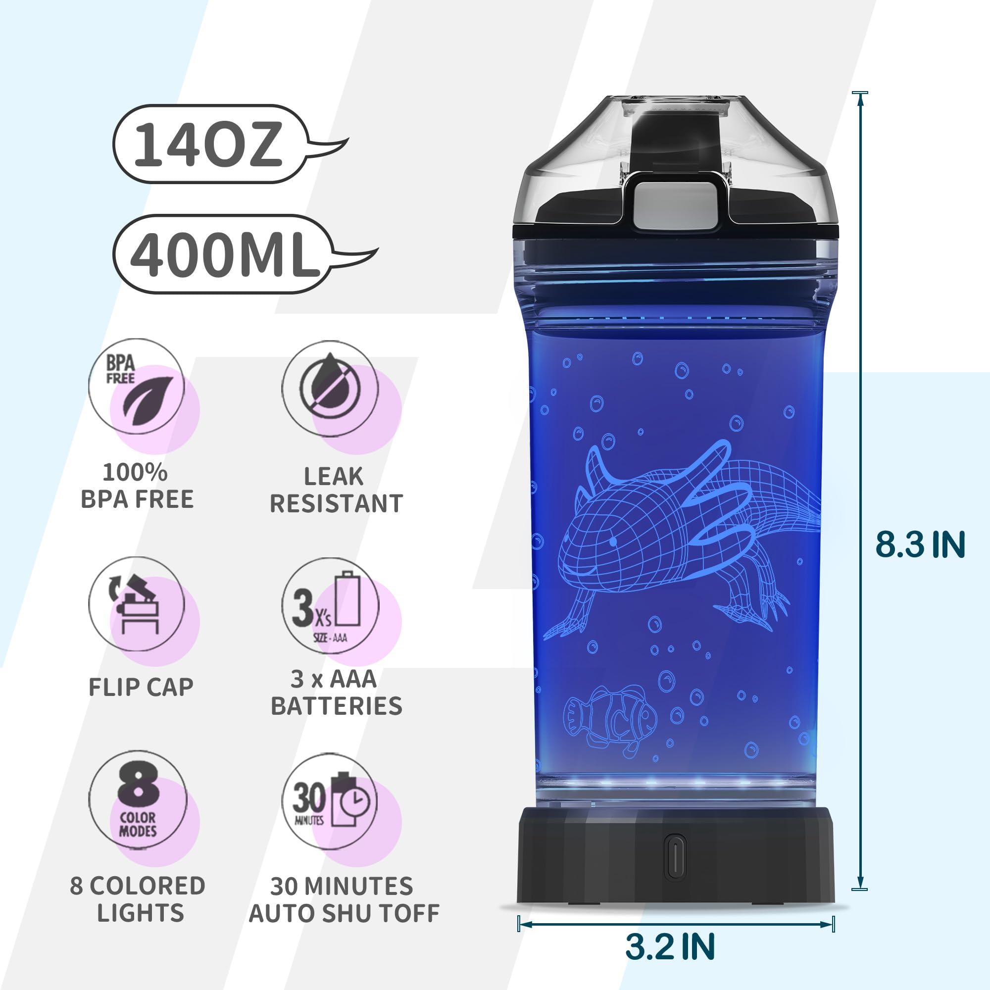 CoolGift Mart Axolotl Water Bottle, Light Up 3D Salamander Design, 14oz Tritan BPA Free - Best Gift for 4 5 6 7-Year-Old Boys Gi