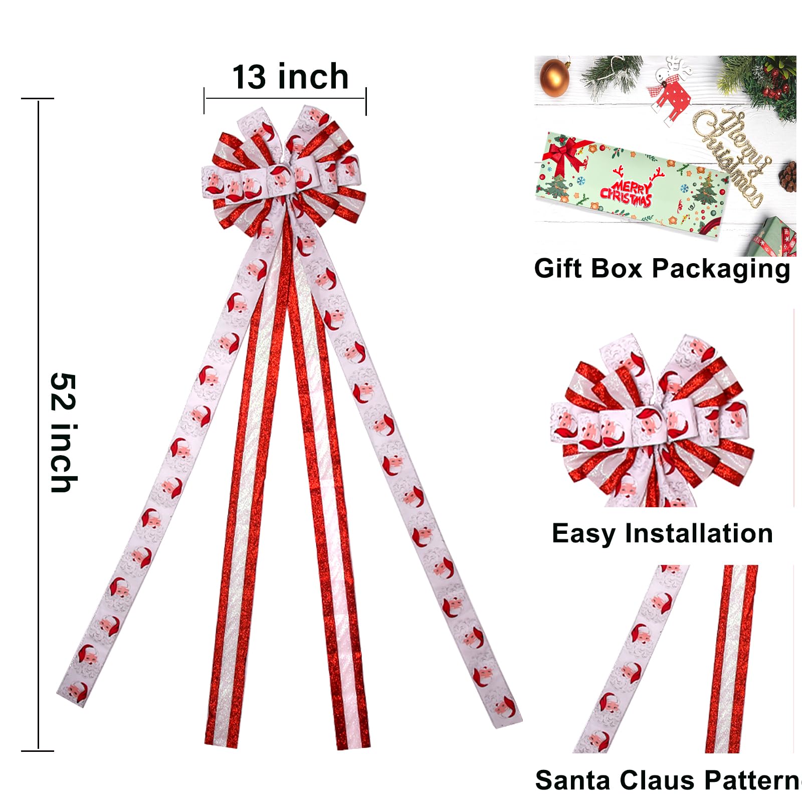 Christmas Tree Topper Christmas Wreath Bow, 52 * 13 inches Tree Toppers Bow withSanta Claus Patterned Ribbon for Xmas Tree Chris