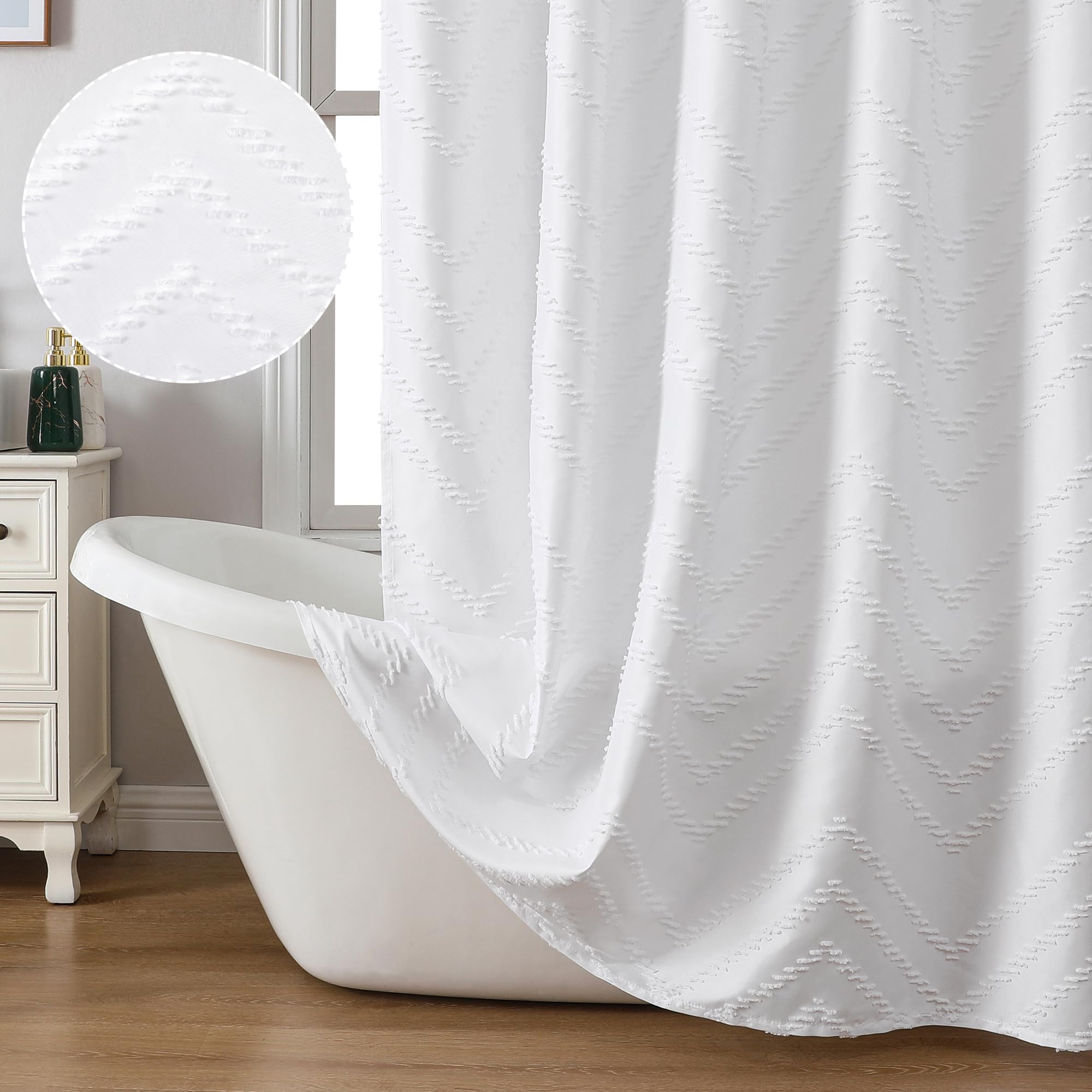 Chyhomenyc Chevron Small Stall White Boho Shower Curtain 36X72 Inches, Fabric Shower Curtain Modern Chic Textured Tufted Chevron