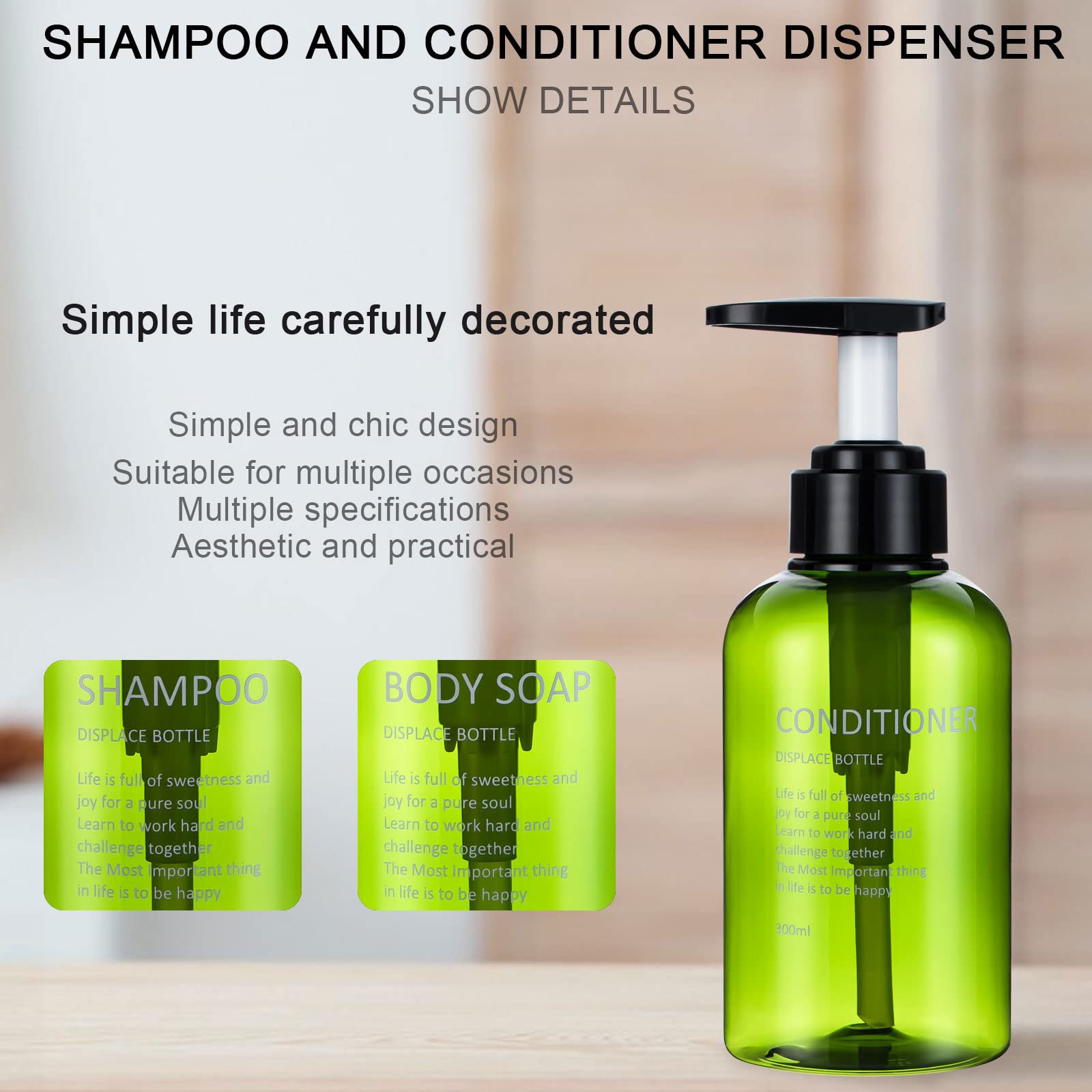 Yeeco Clear Green Pump Bottle,10Oz/300Ml 3 Packs Shampoo Bottles Shampoo Pump Bottle Refillable Soap Dispenser Shampoo And Condi