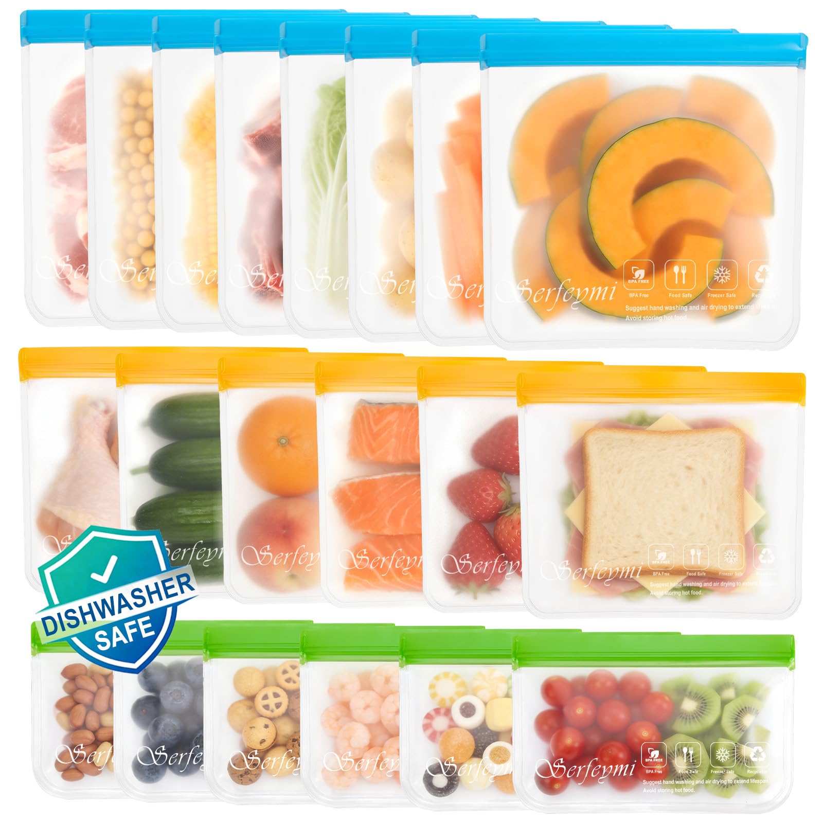 Serfeymi 20 Pack Reusable Gallon Freezer Bags Extra Thick, Reusable Plastic Bags Bpa Free, Leak Proof Food Storage Bags With 3 S