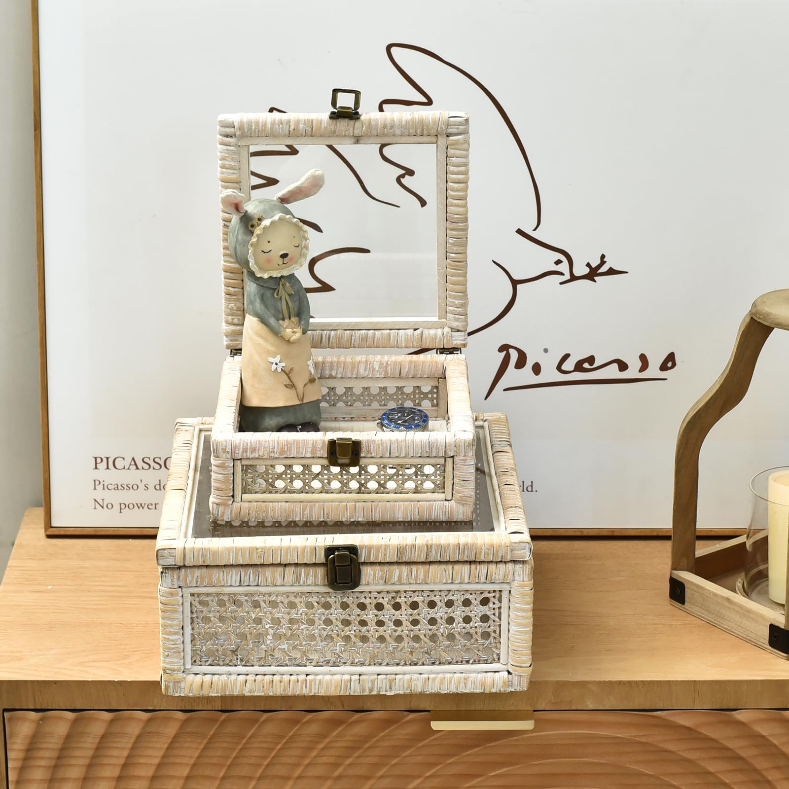 DECOR4SEASON Rattan and Cane Square Stacking Boxes with Glass Top Lid - Set of 2 for Boho, and Rustic Farmhouse D  cor, White Wa