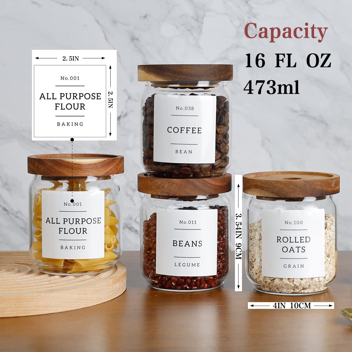 16 Oz Stackable Glass Food Storage Jars With 132 Pantry Labels Preprinted - 6 Pcs Thicken Glass Storage Containers With Airtight