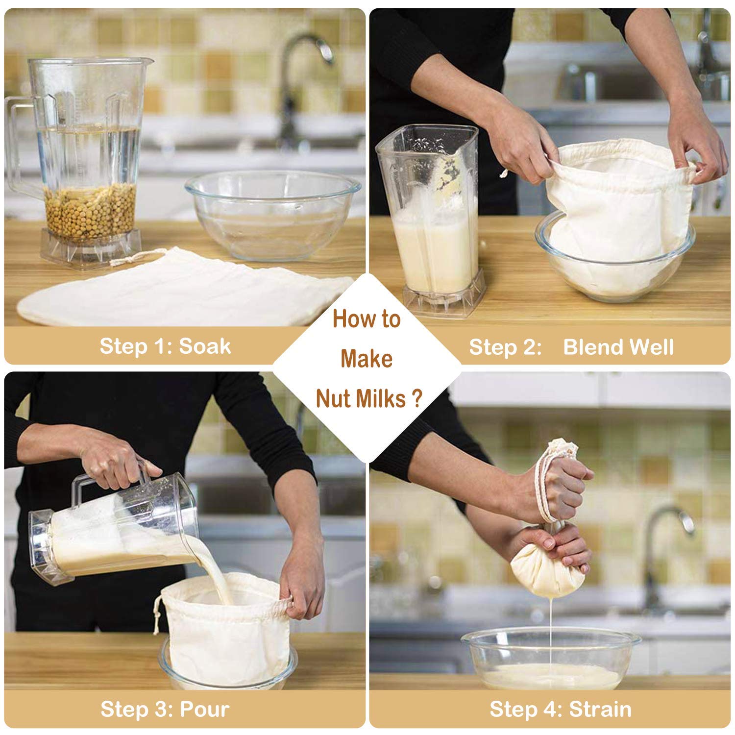 6 PCS 12''x12'' Nut Milk Bags - 100% Unbleached Cotton Cheesecloth  Reusable Food Strainer Colander For Straining Almond/Oat Milk  Celery Juice  Cold Brew Coffee  Yogurt and Cheese Making