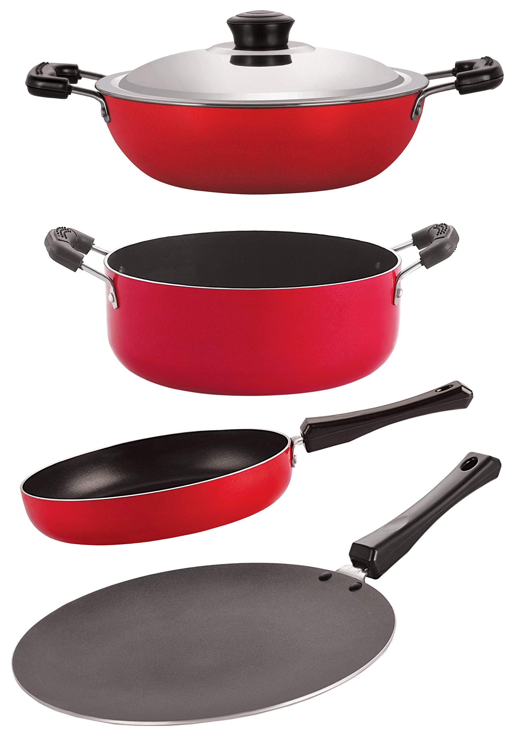 Nirlon Aluminium Nonstick Cookware 4 Pieces Set, Red And Black (Ct12_Fp10_Dkd(J)_Cs24)