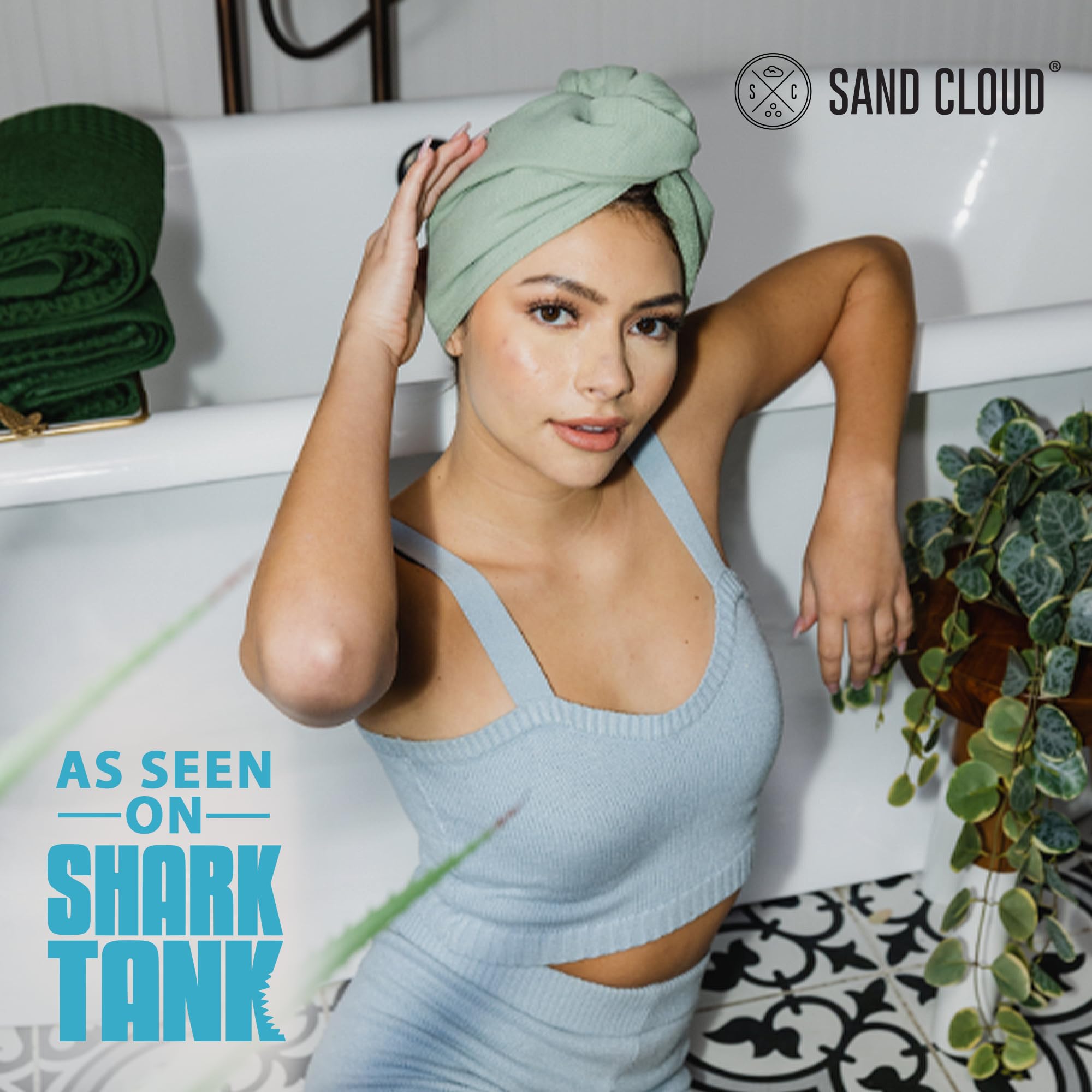 Sand Cloud Cotton Hair Towel Wrap, Sage - Quick Dry Hair Towel for Wet Hair - 100% Turkish Organic Cotton, Half Terry Weave with