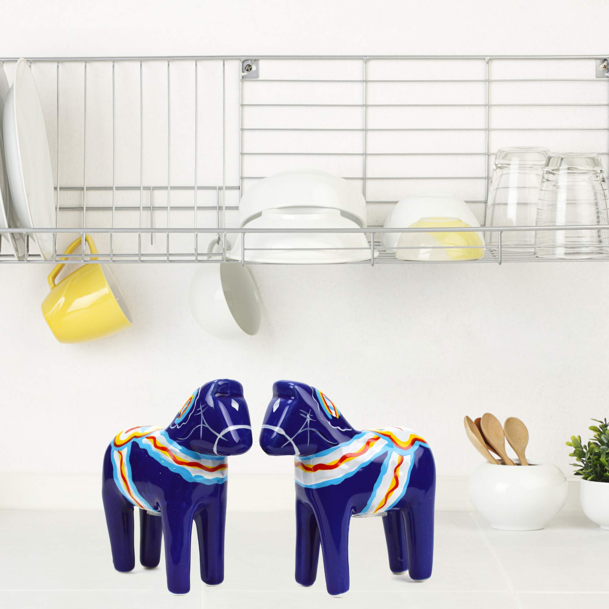 Scandinaviangiftoutlet - Salt And Pepper Shakers - 3.25'' Ceramic Dala Horse - Blue Swedish Theme - Kitchen Accessories - Scandi