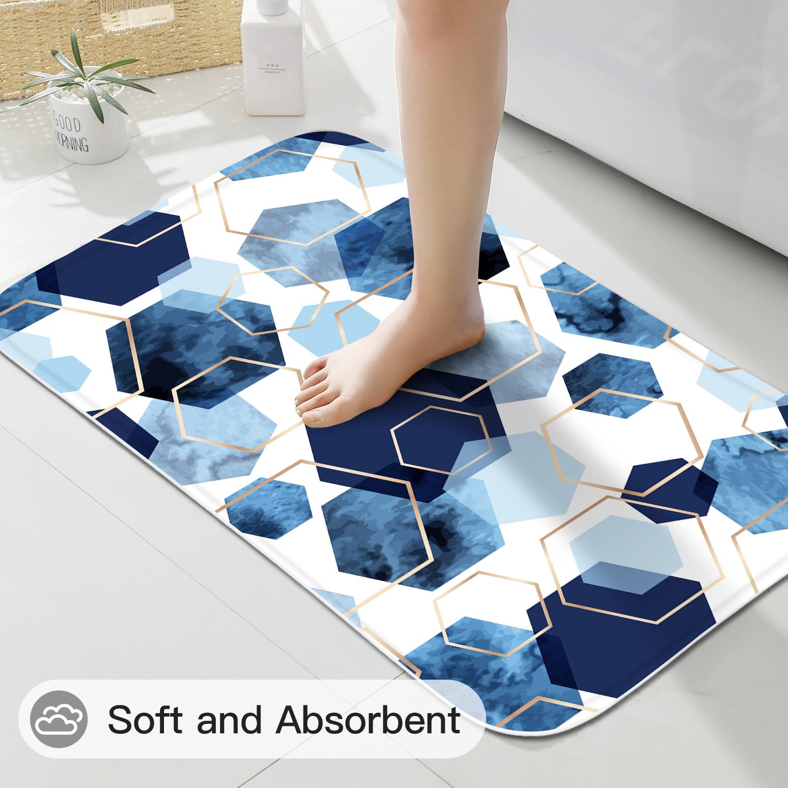 Litabel 4 Pcs Navy Blue Modern Geometric Shower Curtain Set With Non-Slip Rugs, Toilet Lid Cover And Bath Mat, Abstract Bathroom